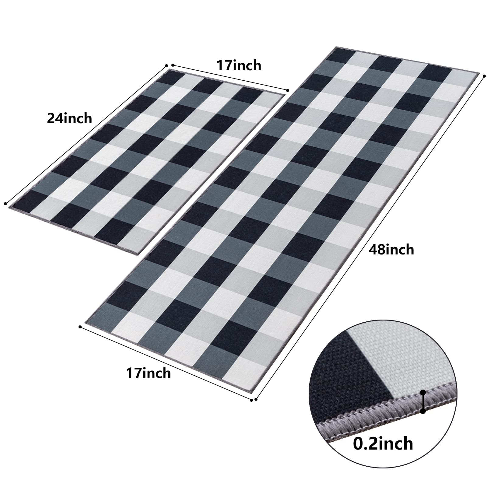 Carvapet 2 Piece Non-Slip Kitchen Rug Tpr Non-Skid Backing Mat For Doorway Bathroom Runner Rug Set, Buffalo Plaid Check Design (