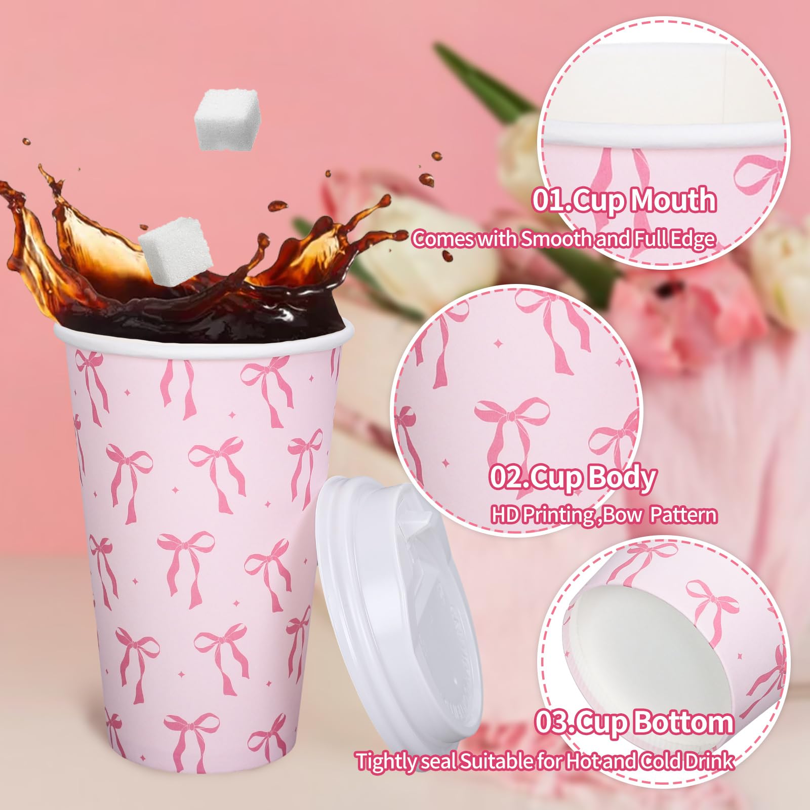 Whaline 50 Set Pink Bow Disposable Coffee Cups With Lids And Sleeves Valentine'S Day Coquette Bowknot Paper Drinking Cups For We