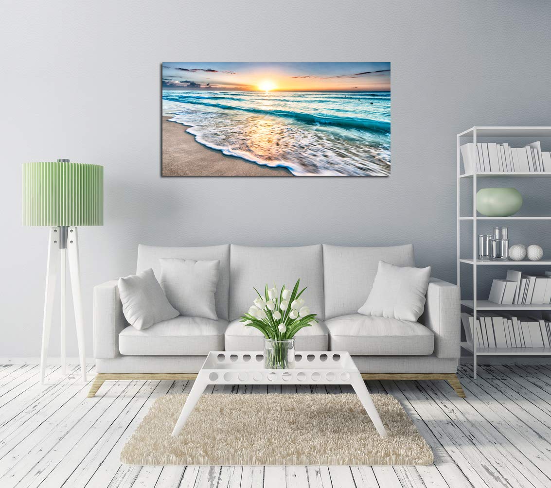 Baisuart Canvas Prints Wall Art - Beach Sunset Ocean Waves, 40L x 20W, Framed for Living Room, Bedroom, Office, Model VBPA-21D5I-SD