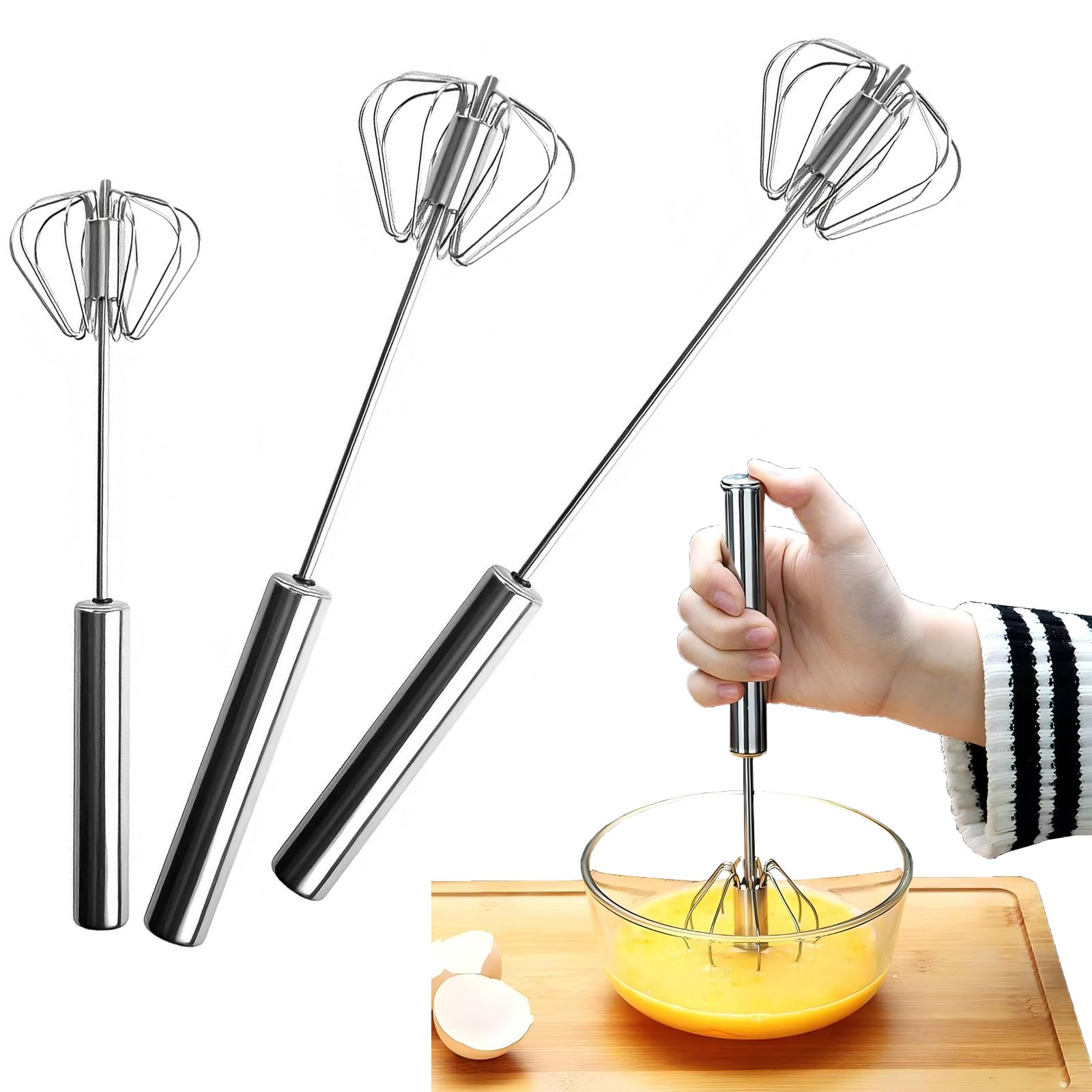 3 Pack Stainless Steel Egg Whisk, Hand Push Rotary Whisk Blender, Versatile Easy Whisk, Hand Push Mixer Stirrer for Beating Eggs