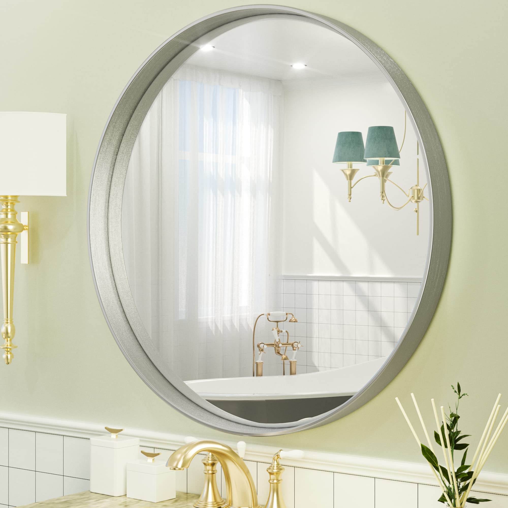Tetote Silver Round Mirror For Bathroom, 30 Inch Modern Circle Mirrors, Wall Mounted Brushed Nickel Metal Framed Entryway Decora