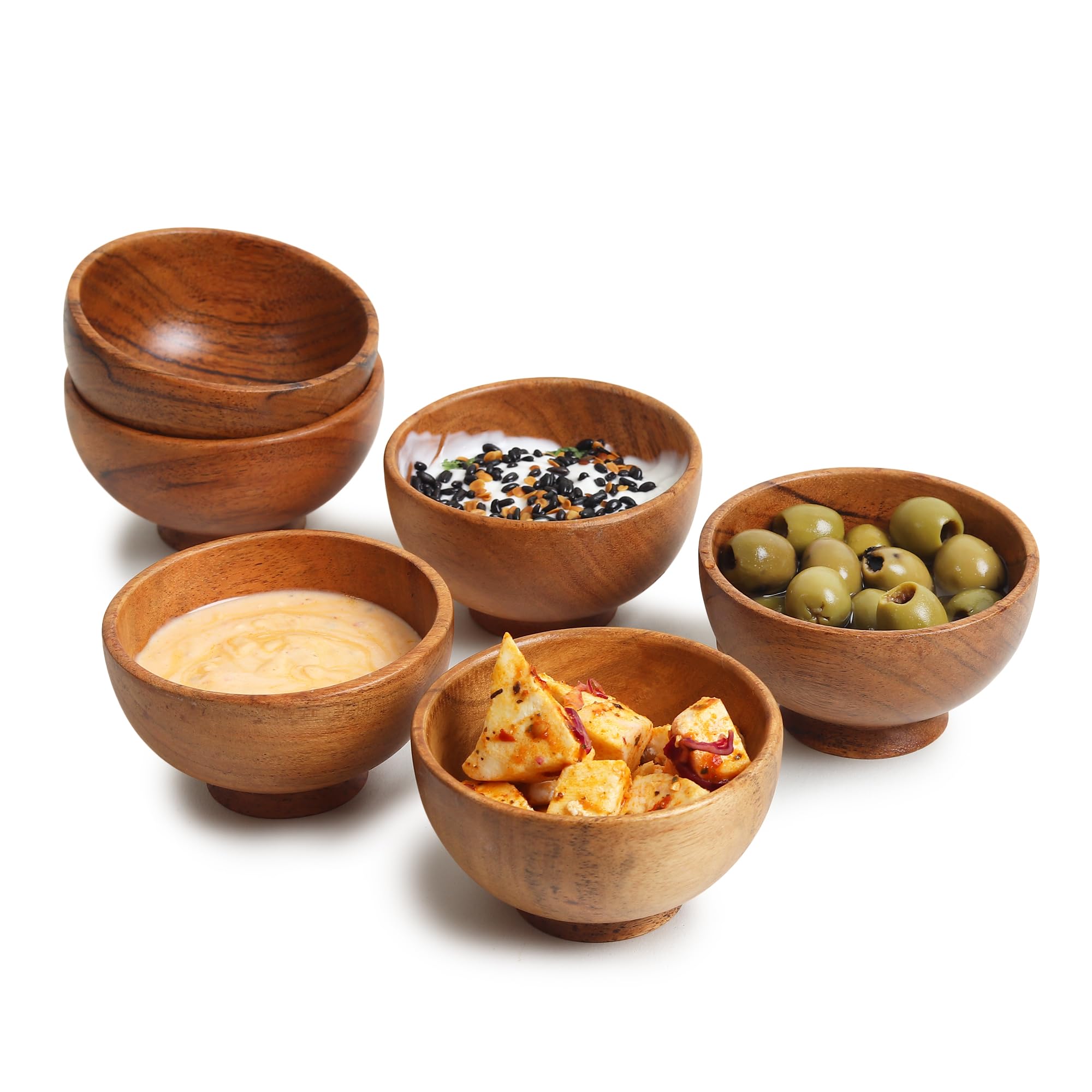 LAVAUX DESIGNS Set of 6 Acacia wood small bowls, 4 fl oz 3.2 * 2 inches | Hand carved small dipping bowls for sauce, salsa. Litt