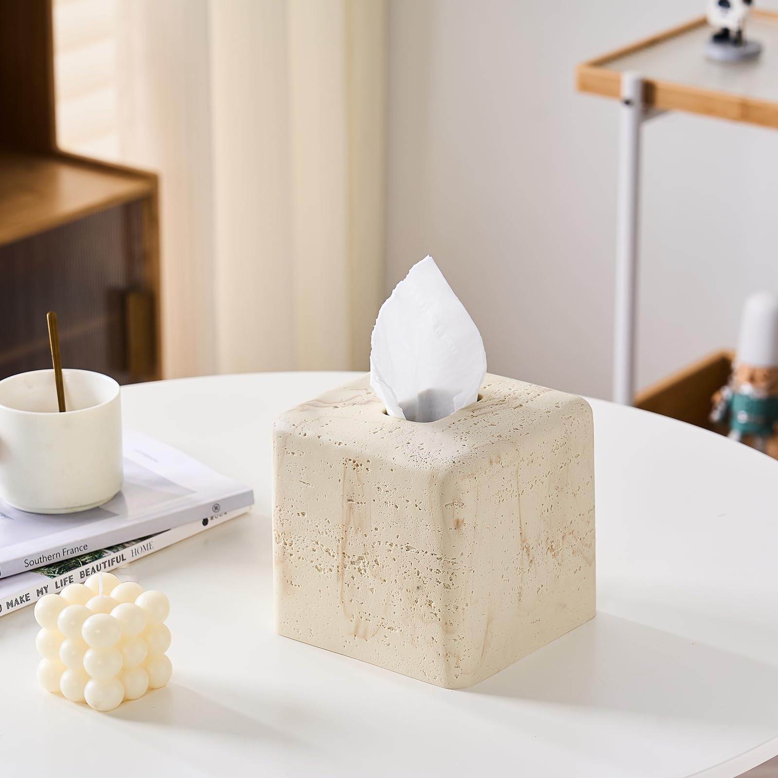 Natural Travertine Textures Tissue Box Cover Square For Home Decor,Resin Heavy Tissue Box Holder For Bathroom Countertop,Tableto