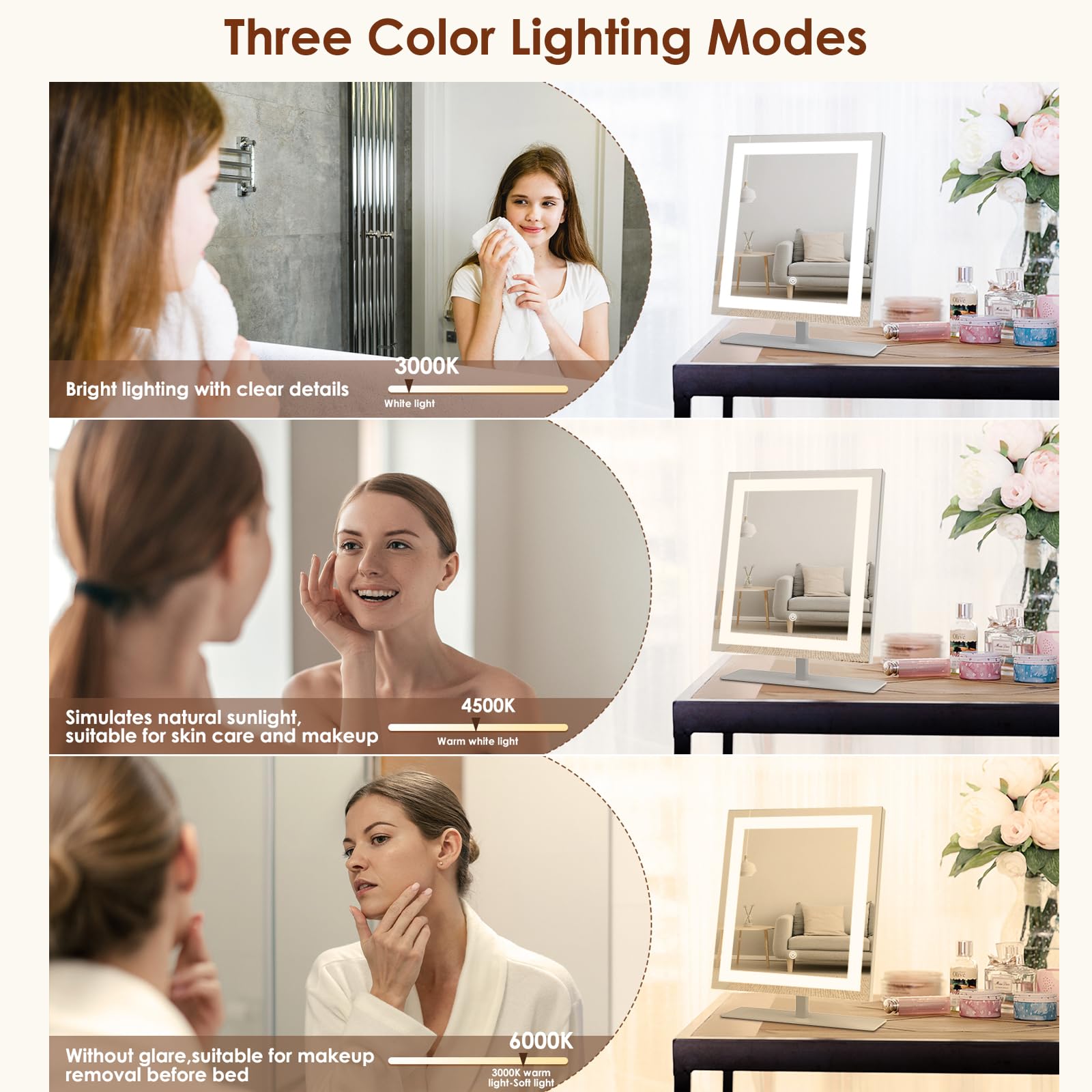Beelux Lighted Makeup Mirror, 12In Vanity Mirror With Lights,Three Color Lighting Modes,10X Magnification Mirror,Smart Touch Con