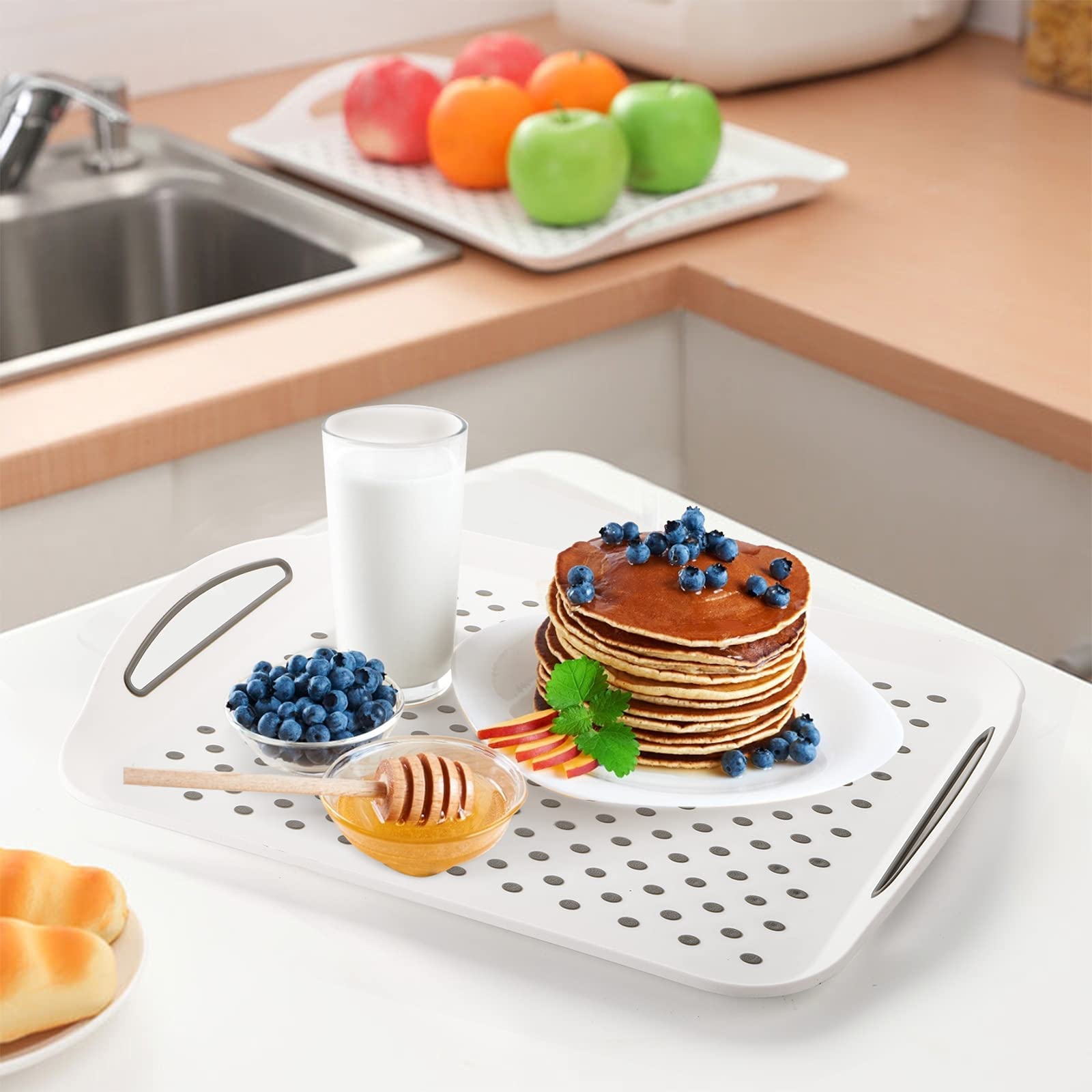 Topzea 2 Pack Non-Slip Food Serving Tray With Handle, Plastic Rectangular Restaurant Serving Tray Cafeteria Fast Food Breakfast