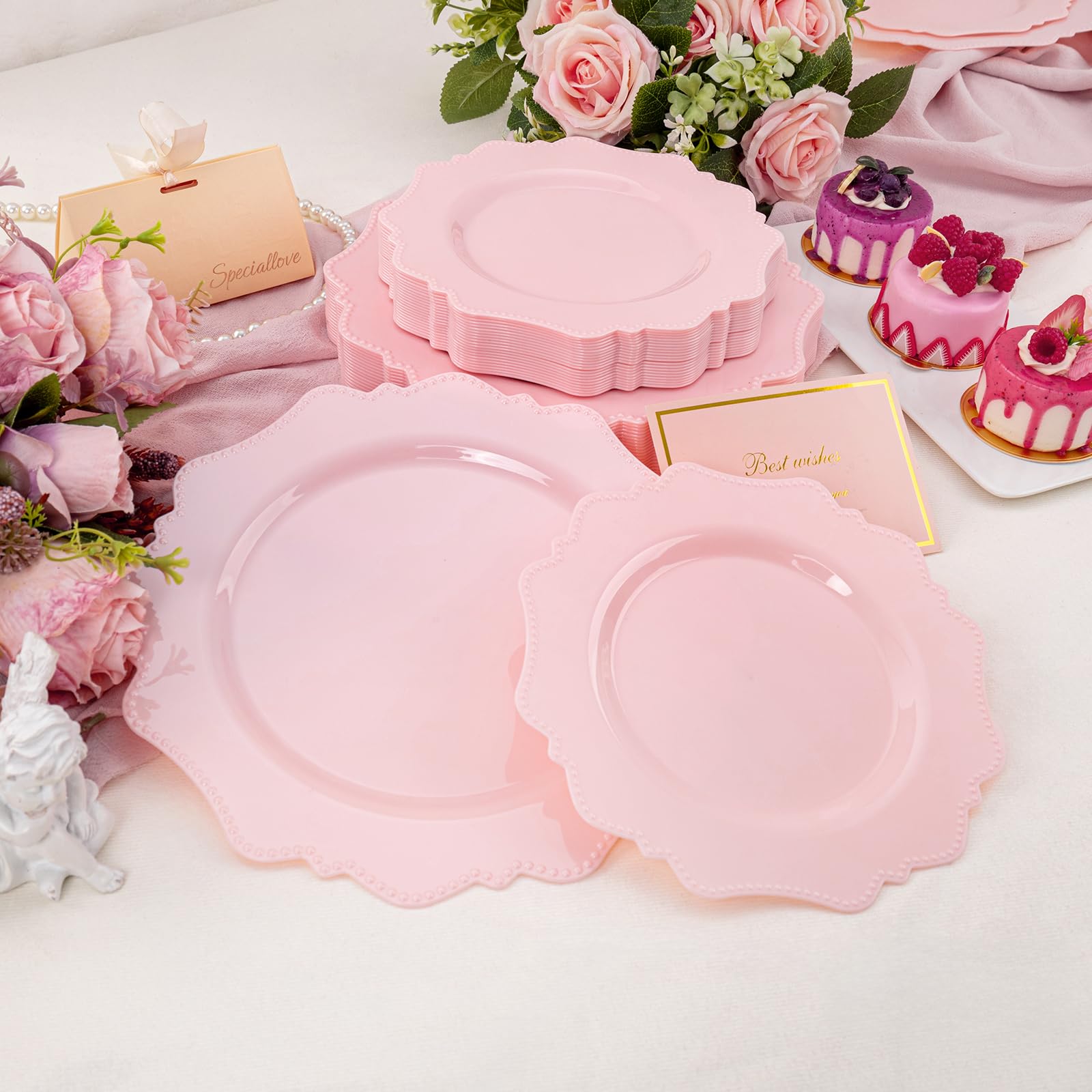 Colosus Disposable Pink Party Plastic Plates Set, 60 Pack (30 Guest) Dinner & Salad/Dessert Plate For Spring Wedding Birthday Va