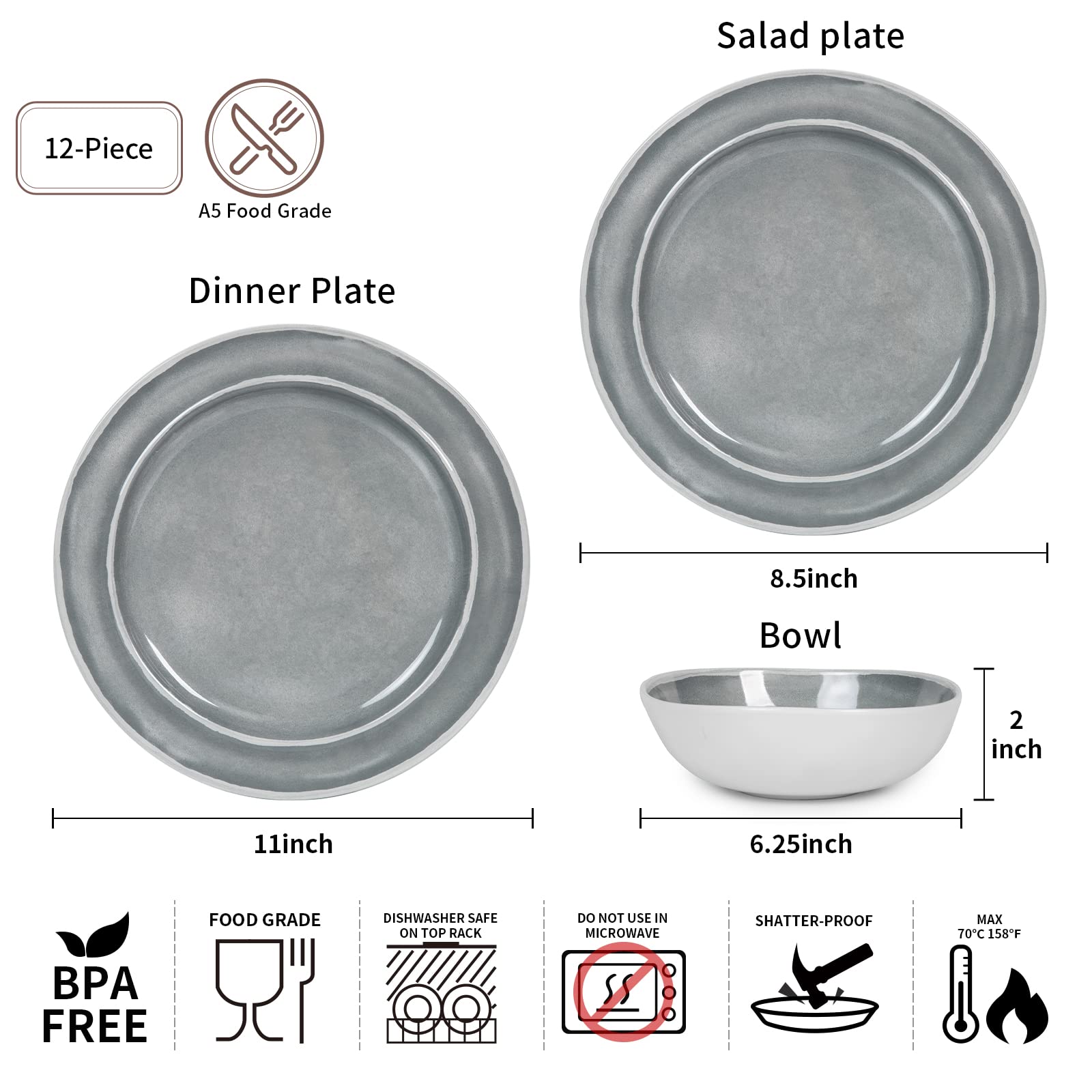 Melamine Dinnerware Set - 12pcs Dishes Dinnerware Set for 4, Indoor and Outdoor use, Dishwasher Safe, Break-resistant, Lightweig