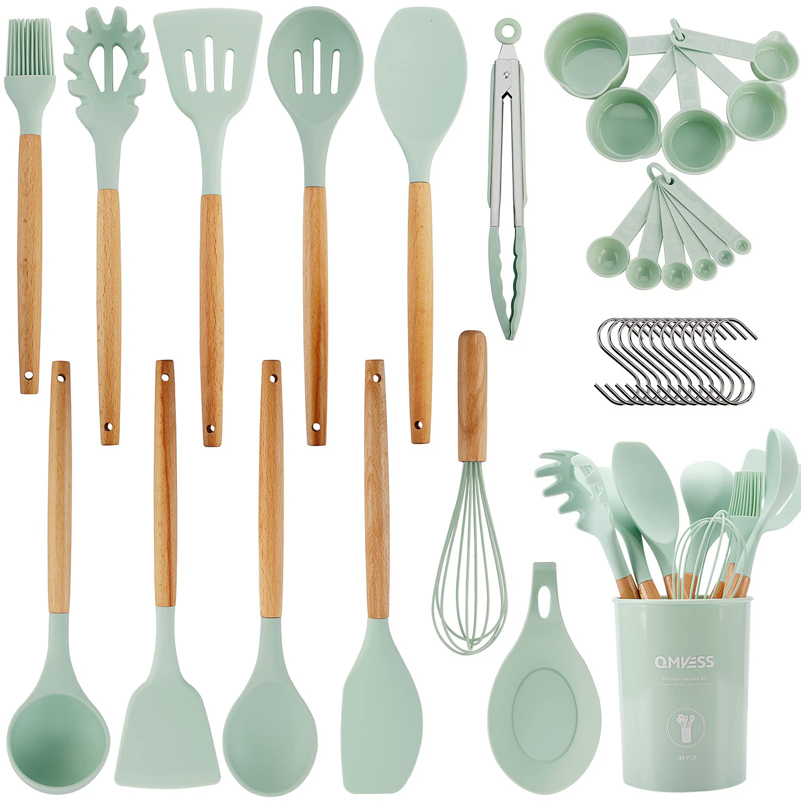 Qmvess Silicone Kitchen Utensils Set, 35 Pcs Non-Stick Cooking Utensils Set, Sturdy Insulation Wooden Handle Kitchen Accessories