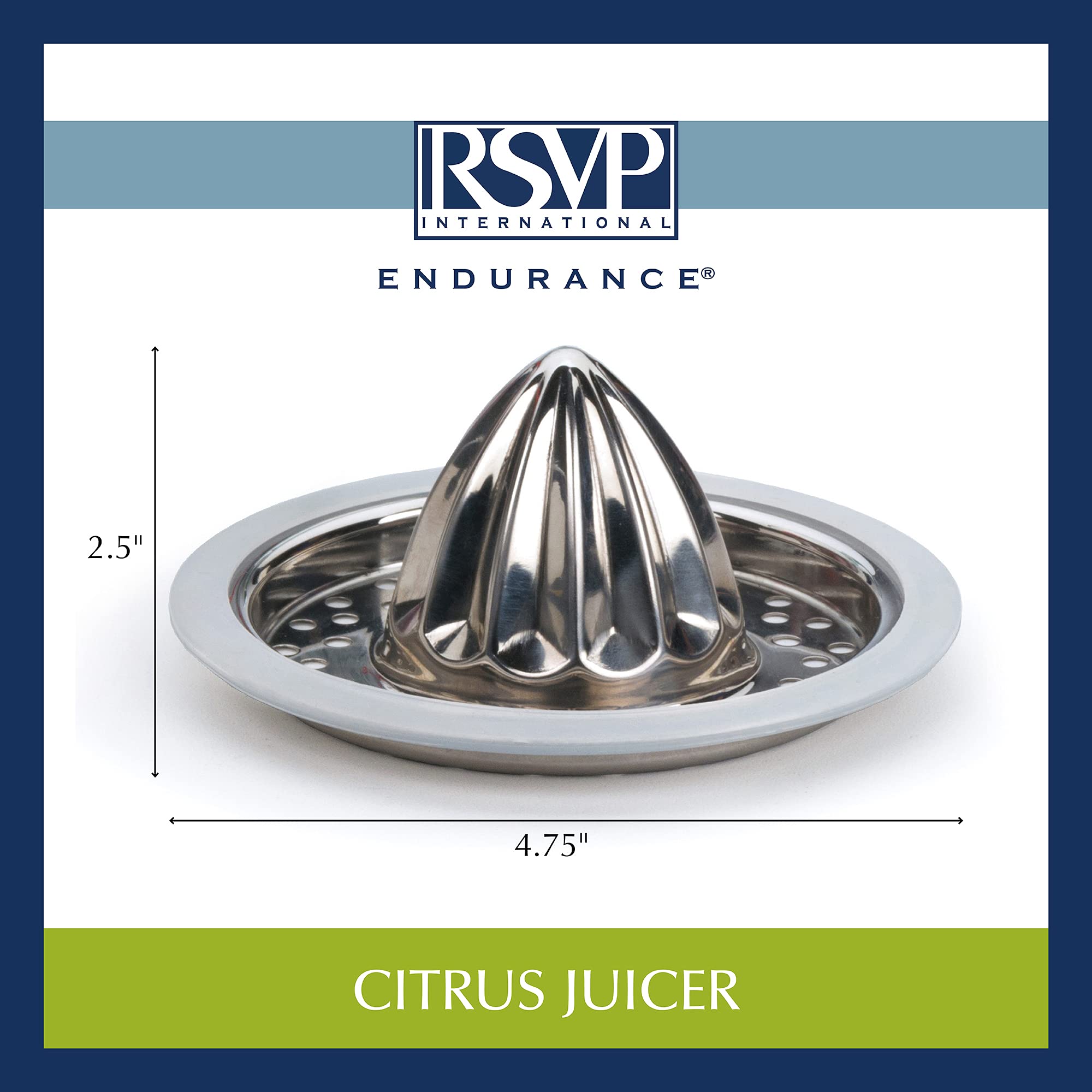 RSVP International Endurance (JUC-PYX) Manual Hand Citrus Juicer Squeezer  Stainless Steel  4.75 Inch Dia.  Use w/ Pyrex Cups  Bowls  For Oranges  Grapefruits  Lemons  Dishwasher Safe Silver