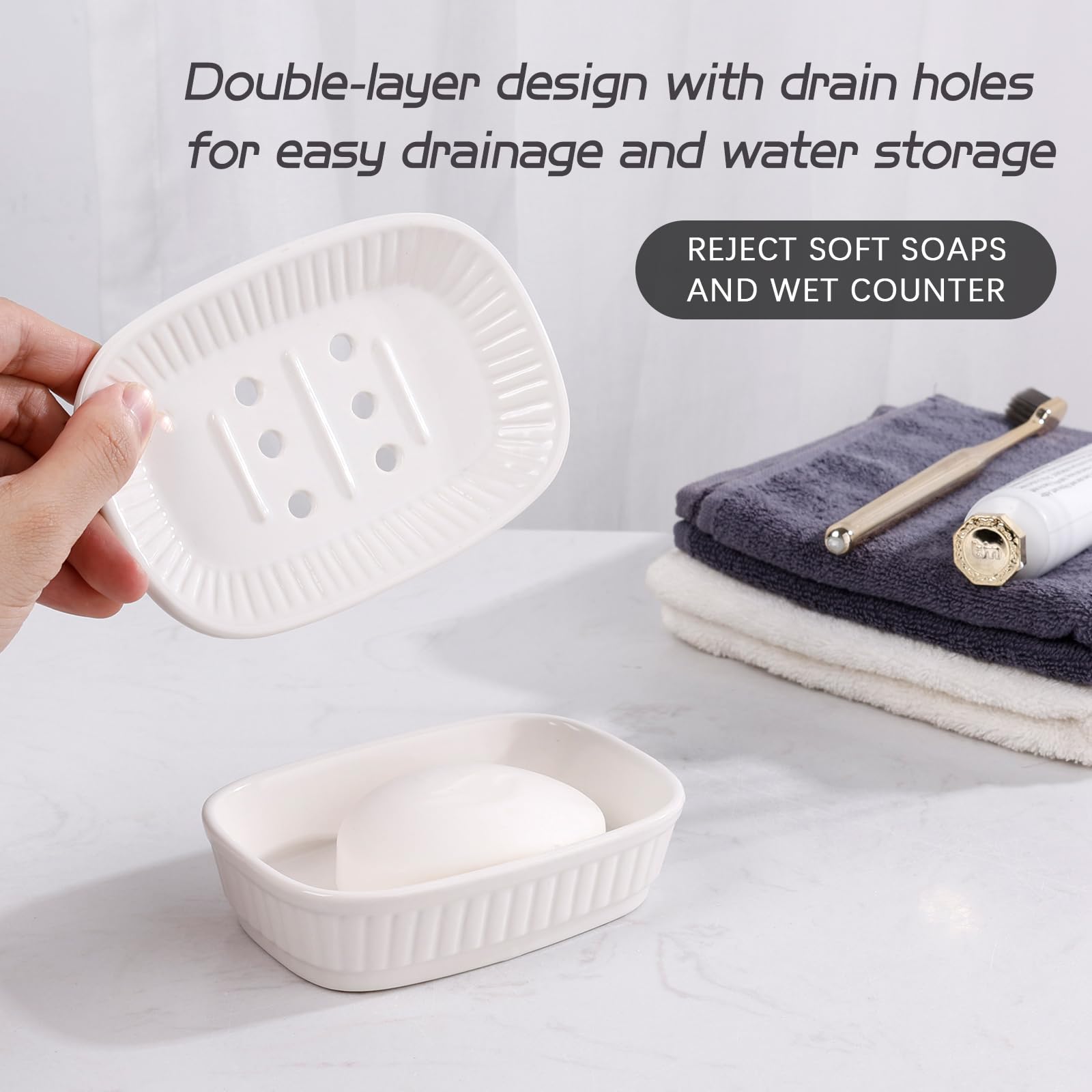 Ceramic Soap Dish, Self-Draining Soap Holder, Double Layer Bar Soap Holder, White Draining Soap Dishes For Bathroom Shower Kitch