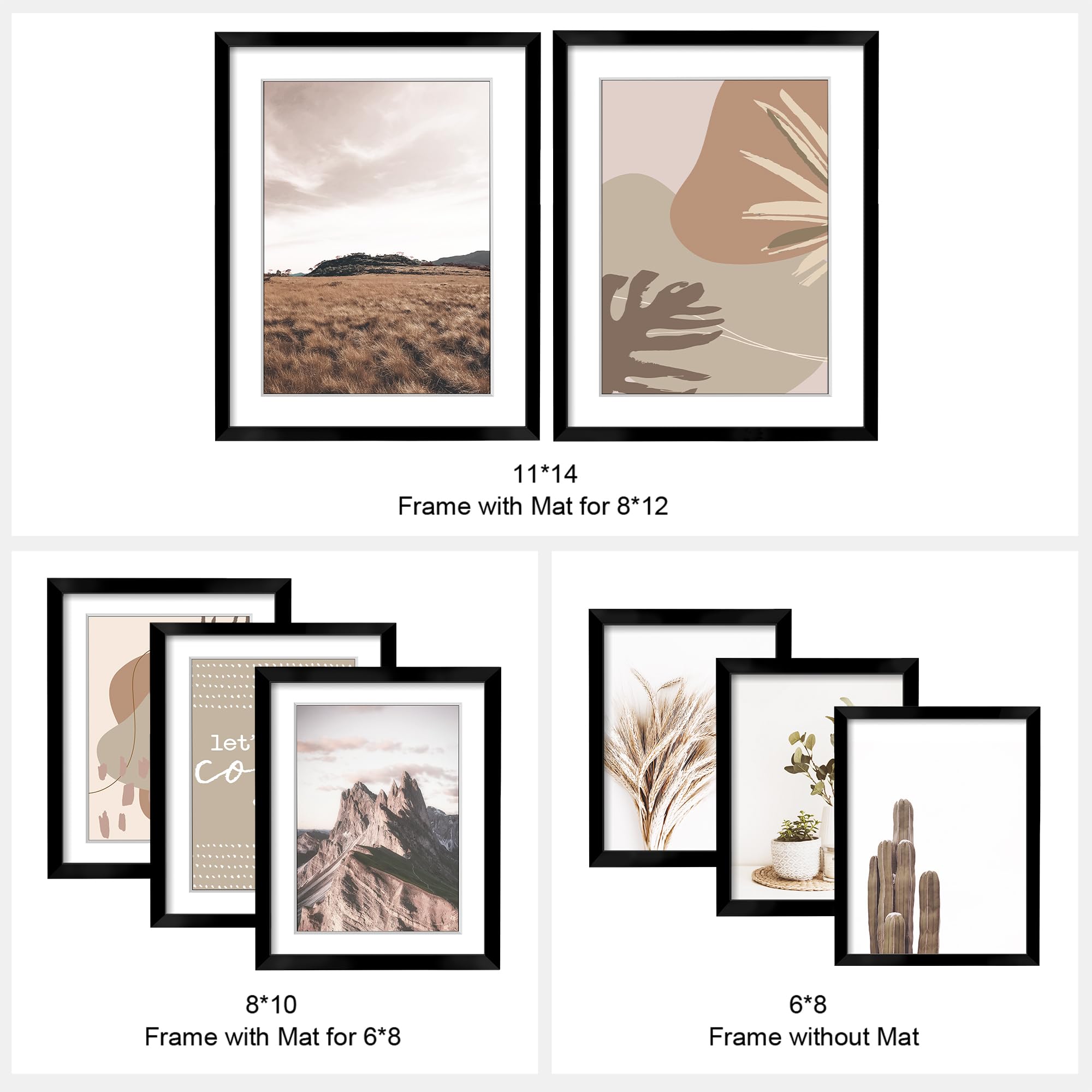ArtbyHannah 8-Pack Black Framed Gallery Wall Art with Neutral Decorative Art Prints  Picture Frames Collage Modern Wall Decor with Multi-Size 11x14 x2pcs  8x10 x4pcs  6x8 x2pcs