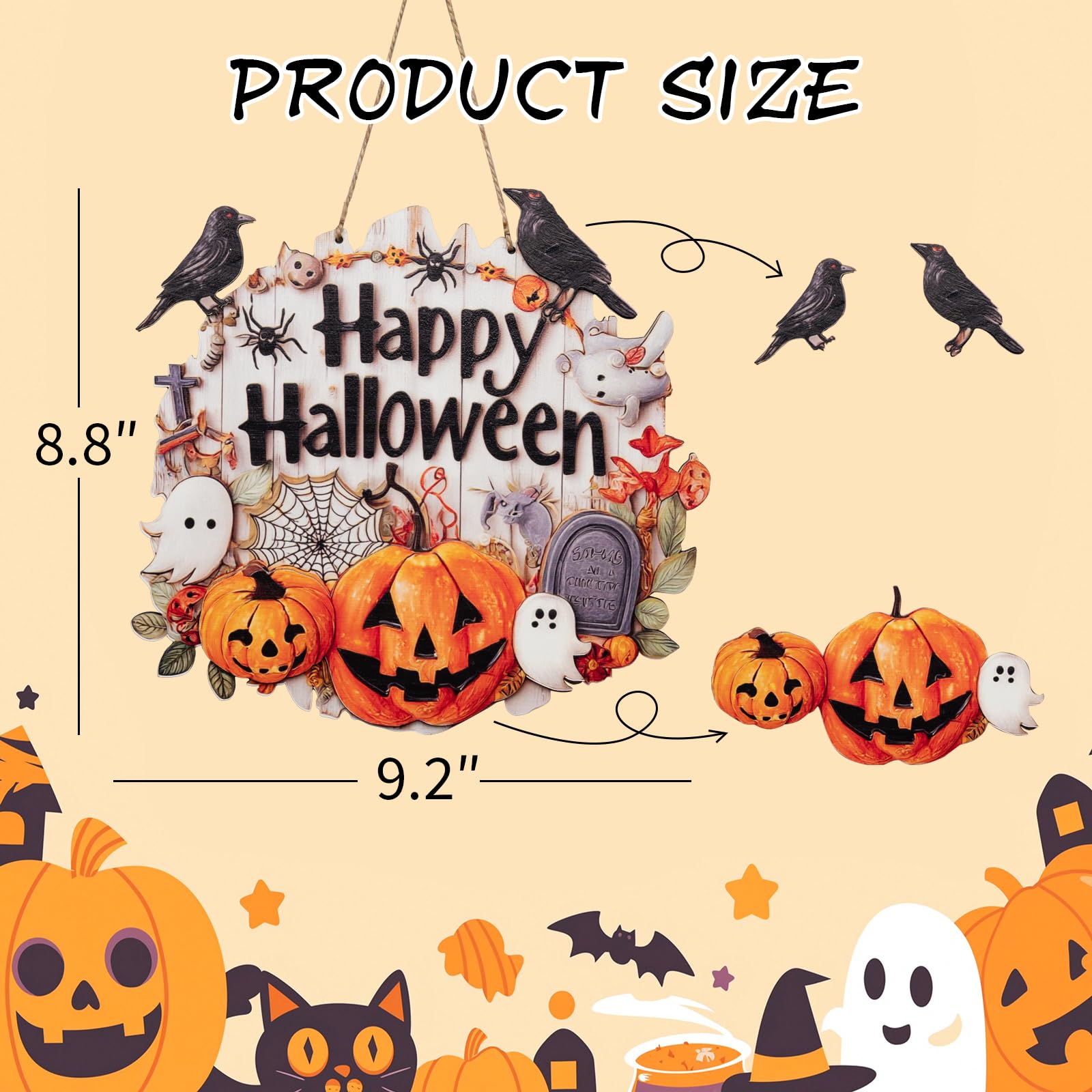 Halloween Decoration Wood Door Plaque - Rustic 9.2x8.8 Inch Handcrafted Sign with Raised Pumpkins, Ravens & Ghosts, Spider Web D