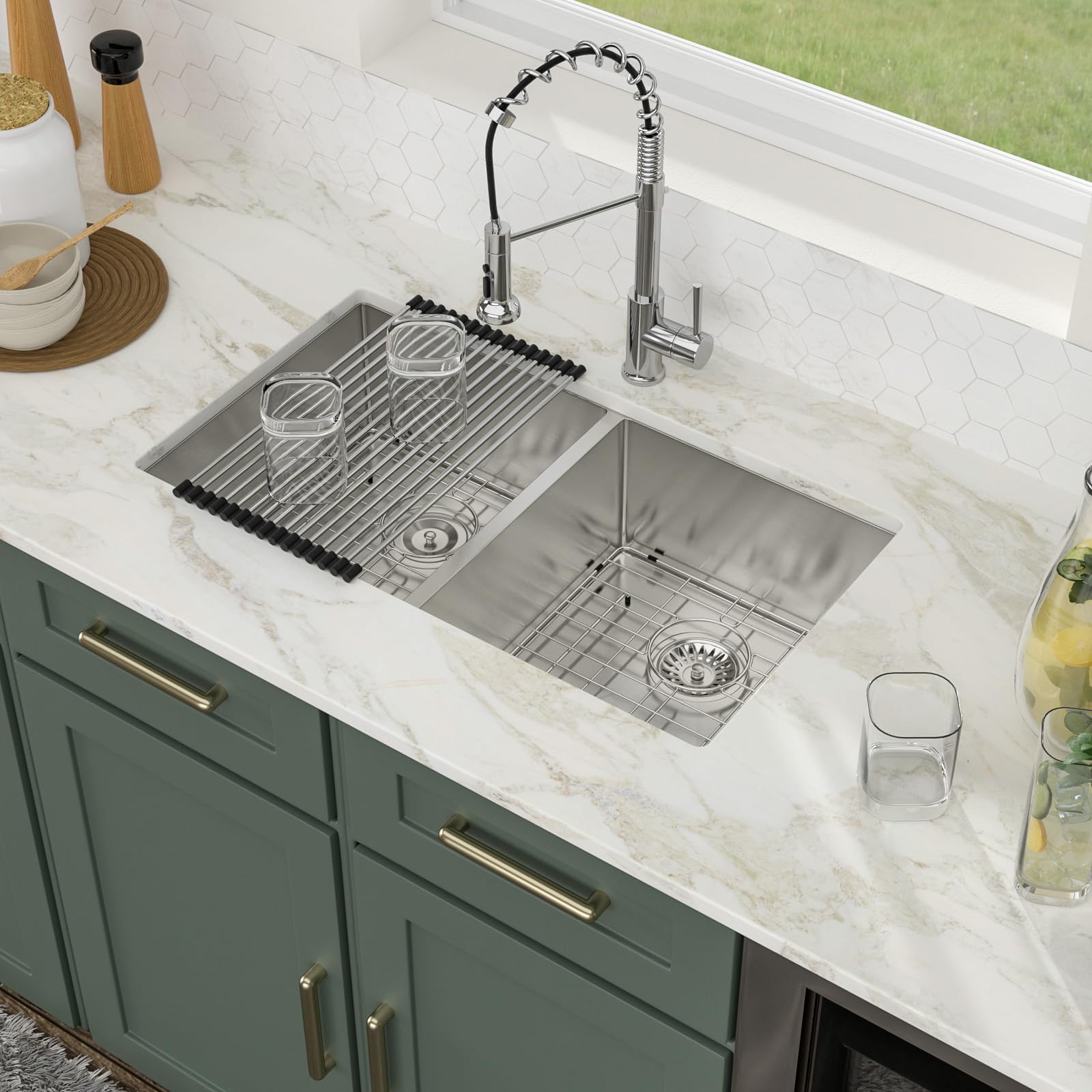Logmey 33 Inch Double Bowl Undermount Kitchen Sink 33x19x9 Inch 50/50 Nano Coating Stainless Steel 16 Gauge Handmade Kitchen Sin