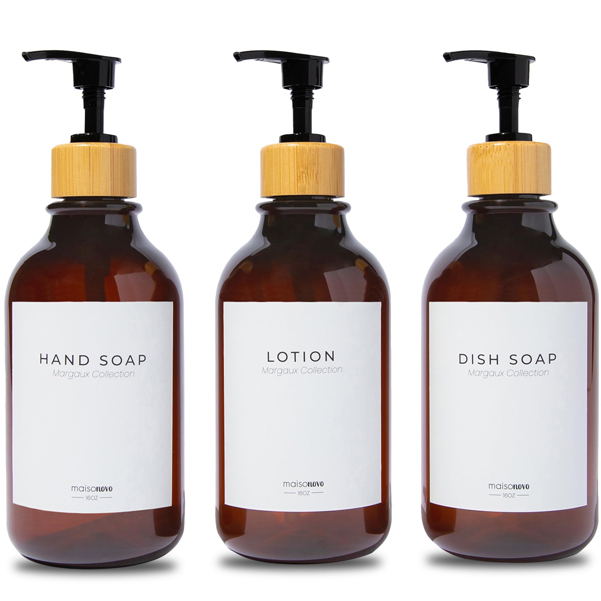 Maisonovo Refillable Shampoo And Conditioner Bottles | 16.9 Fl Oz Set Of 3 Amber Plastic Bottles Black Bamboo Pumps