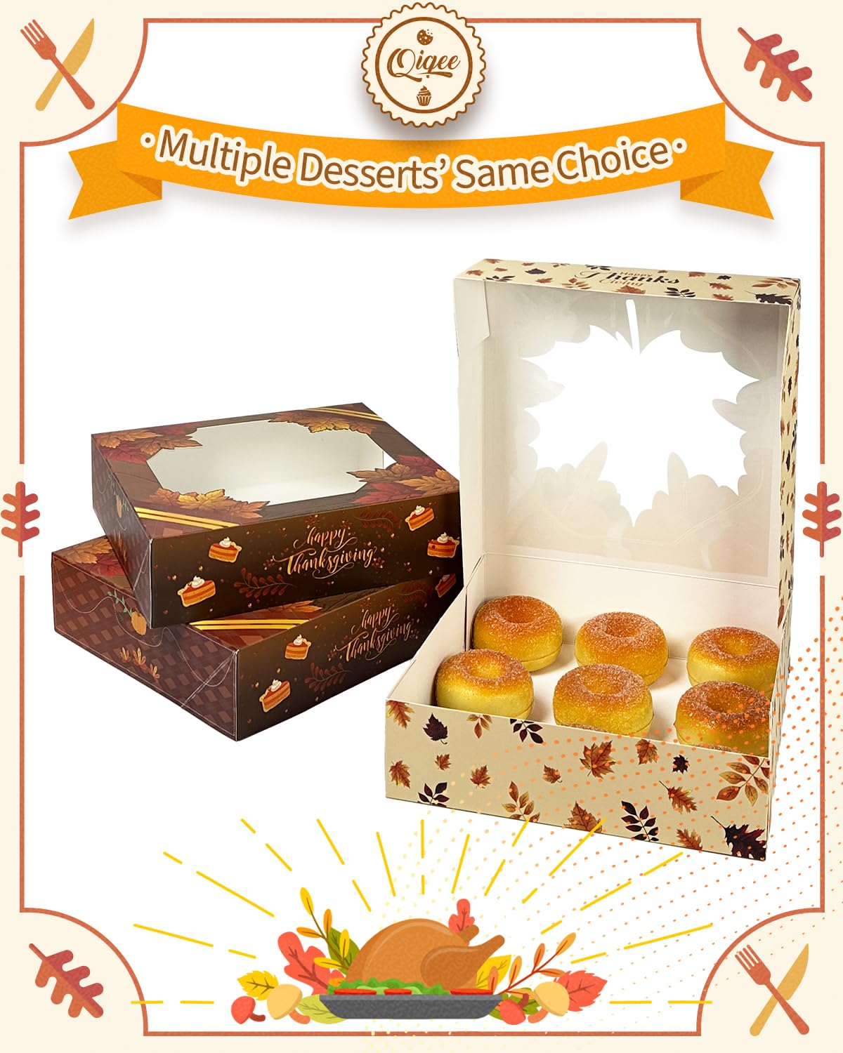 qiqee Thanksgiving Cookie Boxes with Window Fall Treat Box 30packs 9x9x2.5 Inch Bakery Box Pastry Box for Thanksgiving Day