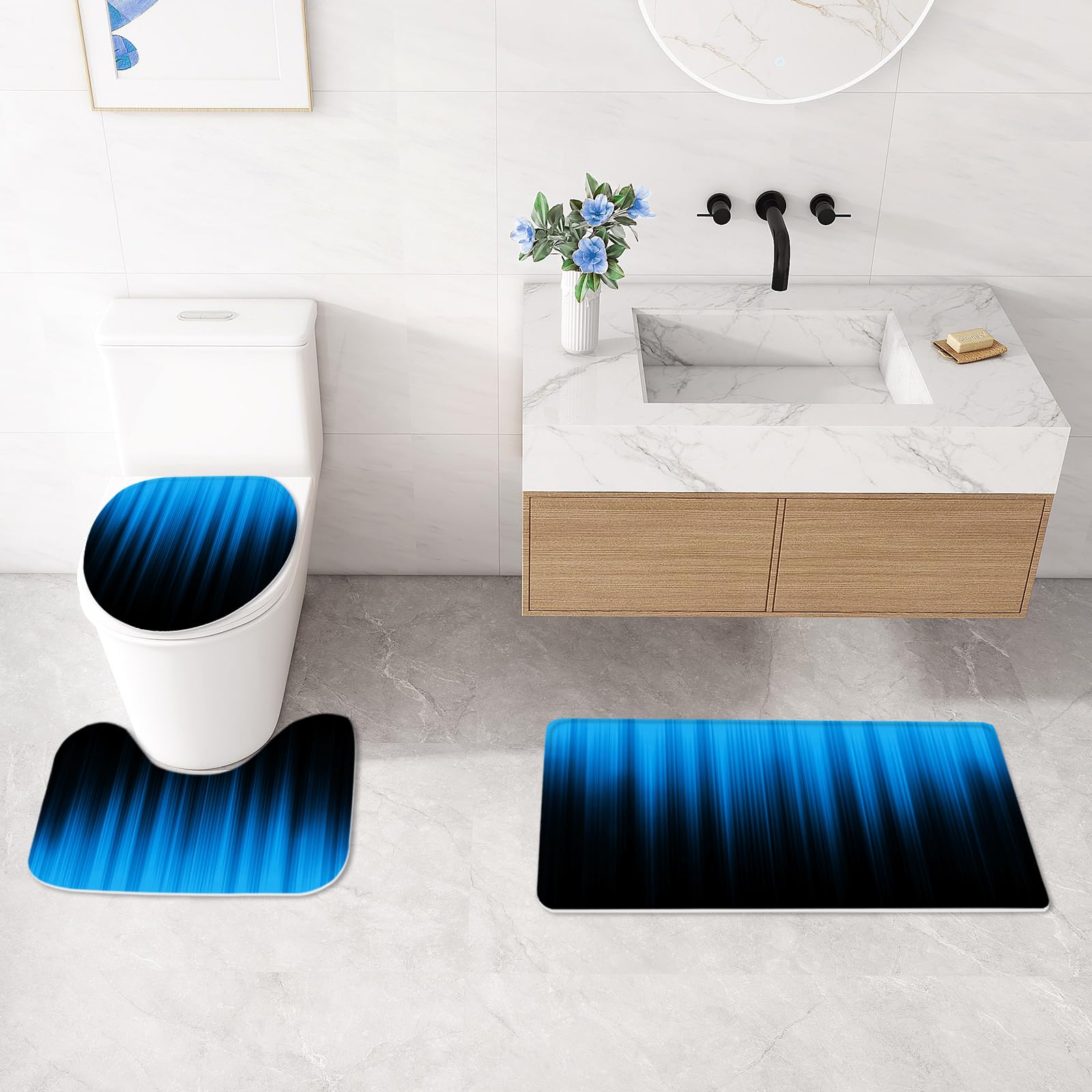 Litabel 4 Pcs Blue And Black Gradient Shower Curtain Set With Rugs And Toilet Lid Cover, Modern Simple Waterproof Fabric Bathroo