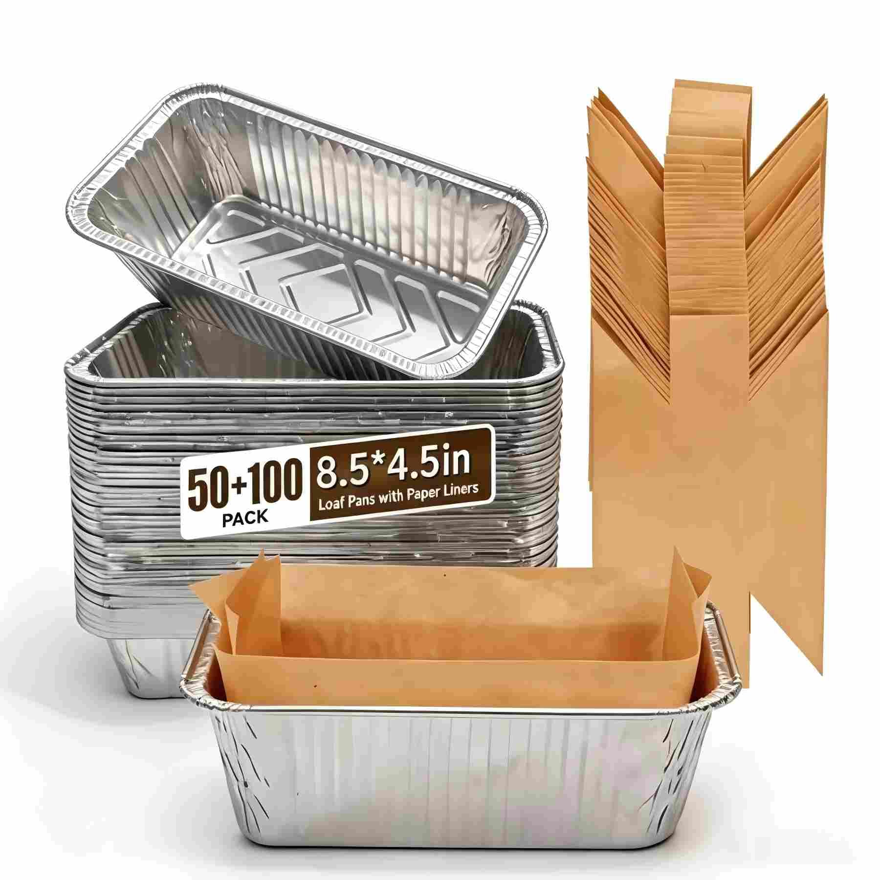 nlymobear 50 Pack Disposable Loaf Pans With 100Piece Parchment Paper Sheets, 2 Lb Heavy Duty Aluminum Foil Bread Tins, Disposab