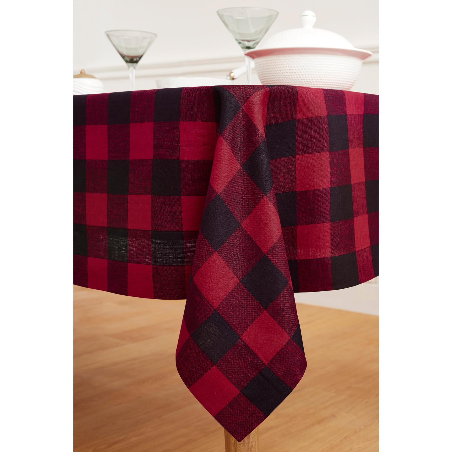Solino Home Buffalo Check Linen Tablecloth 120'' L X 60'' W Inch - 100% Pure Linen Red And Black Table Cloth For Rectangle Table