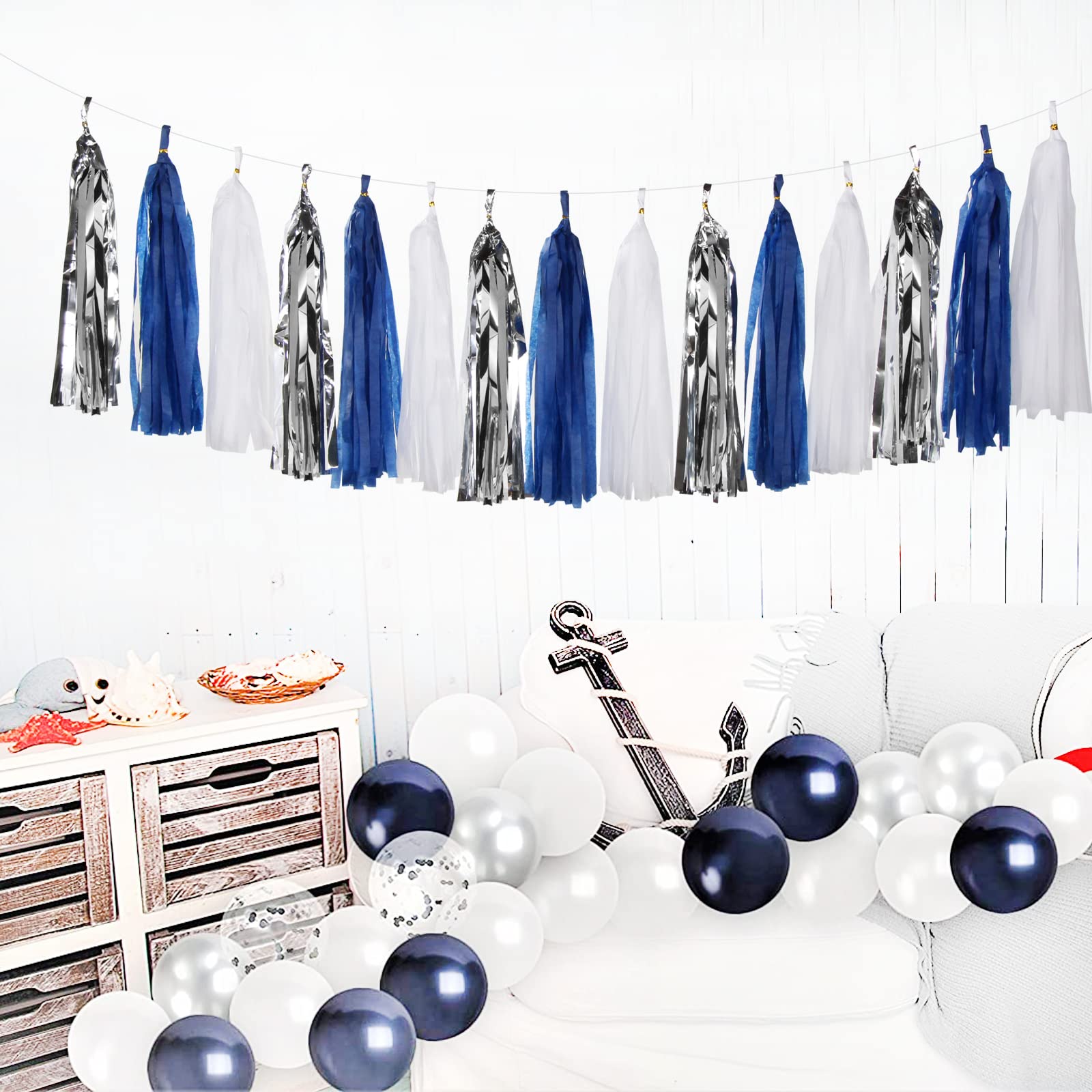 Navy-Blue White-Silver Tassel Garland Streamers - 15pcs Party Decorations Tissue Paper Tassels Banner,Graduation 2025 Wedding Ba