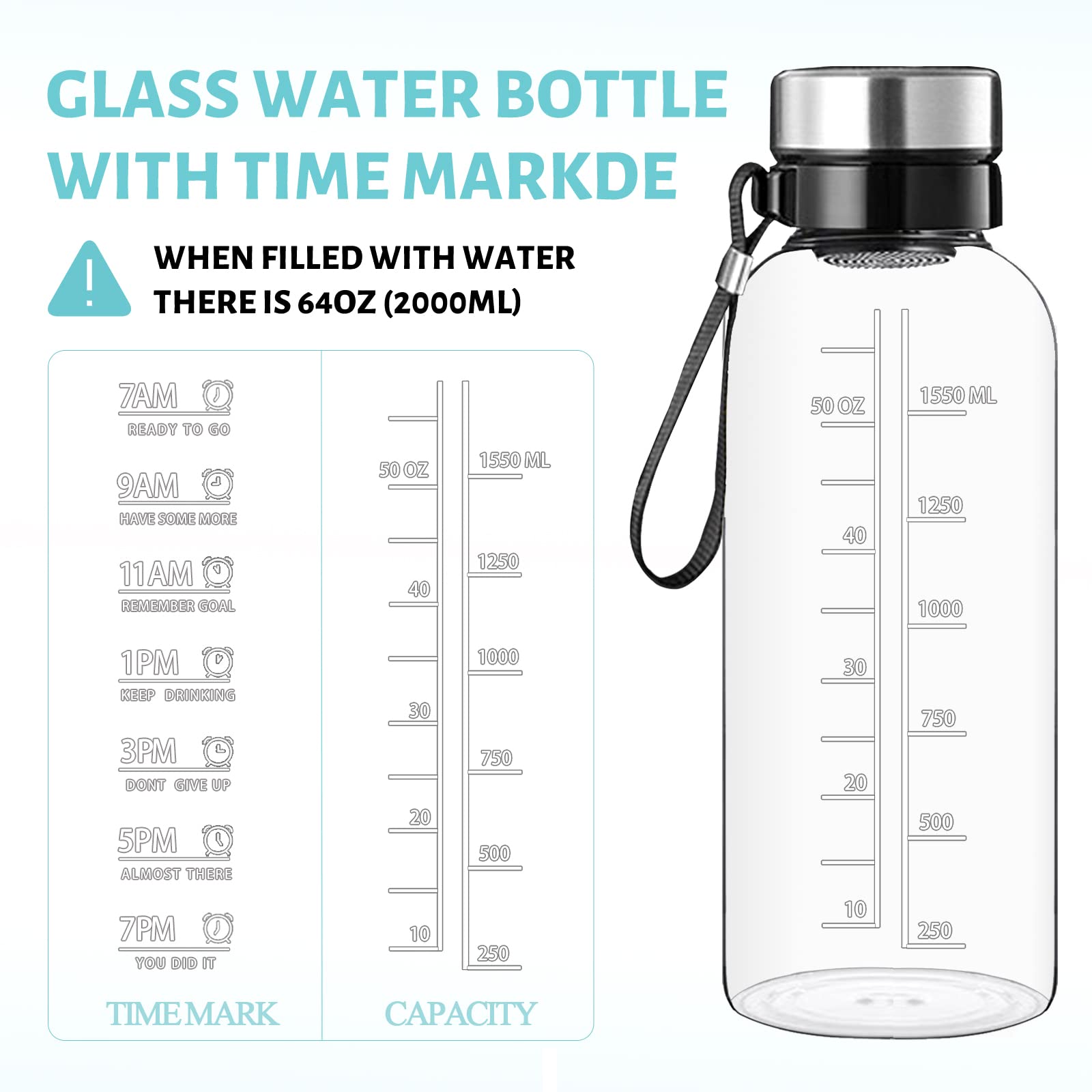 Rnckuue 64 Oz Glass Water Bottle - Large Resuable Borosilicate Wide Mouth Glass Drinking Bottles With Time Mark, Sleeve, Bpa Fre