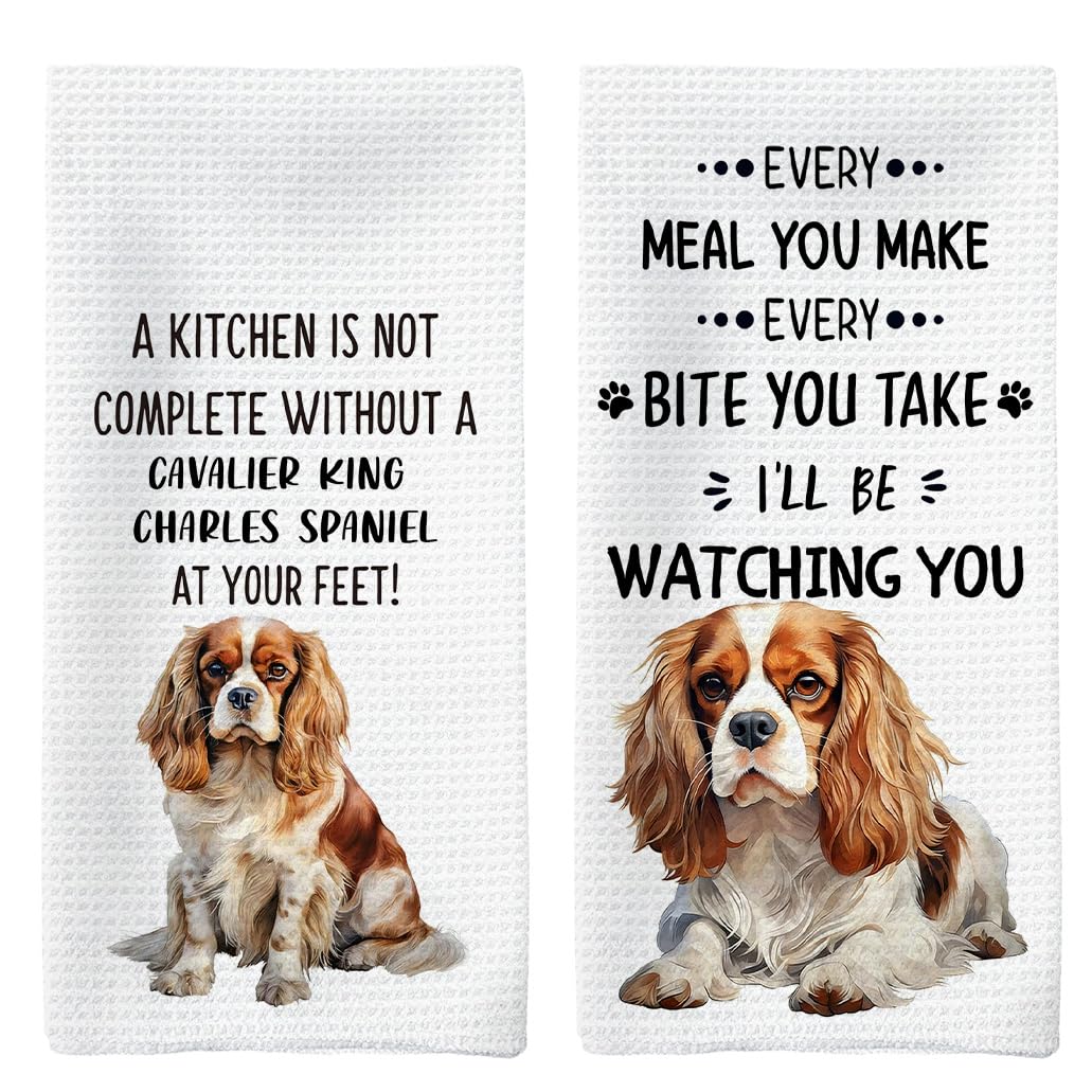 Tzhim Cavalier King Charles Spaniel Kitchen Towels Set of 2, Cavalier Lovers Gifts, Dog Decorative Hand Towels, Dog Dishcloths D