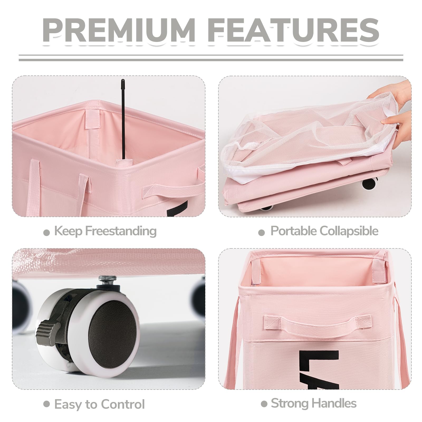 Chicvita Laundry Hamper With Wheels 2-Pack, 75L Collapsible Laundry Basket With Removable Wash Bags, Pink Laundry Hamper For Cor