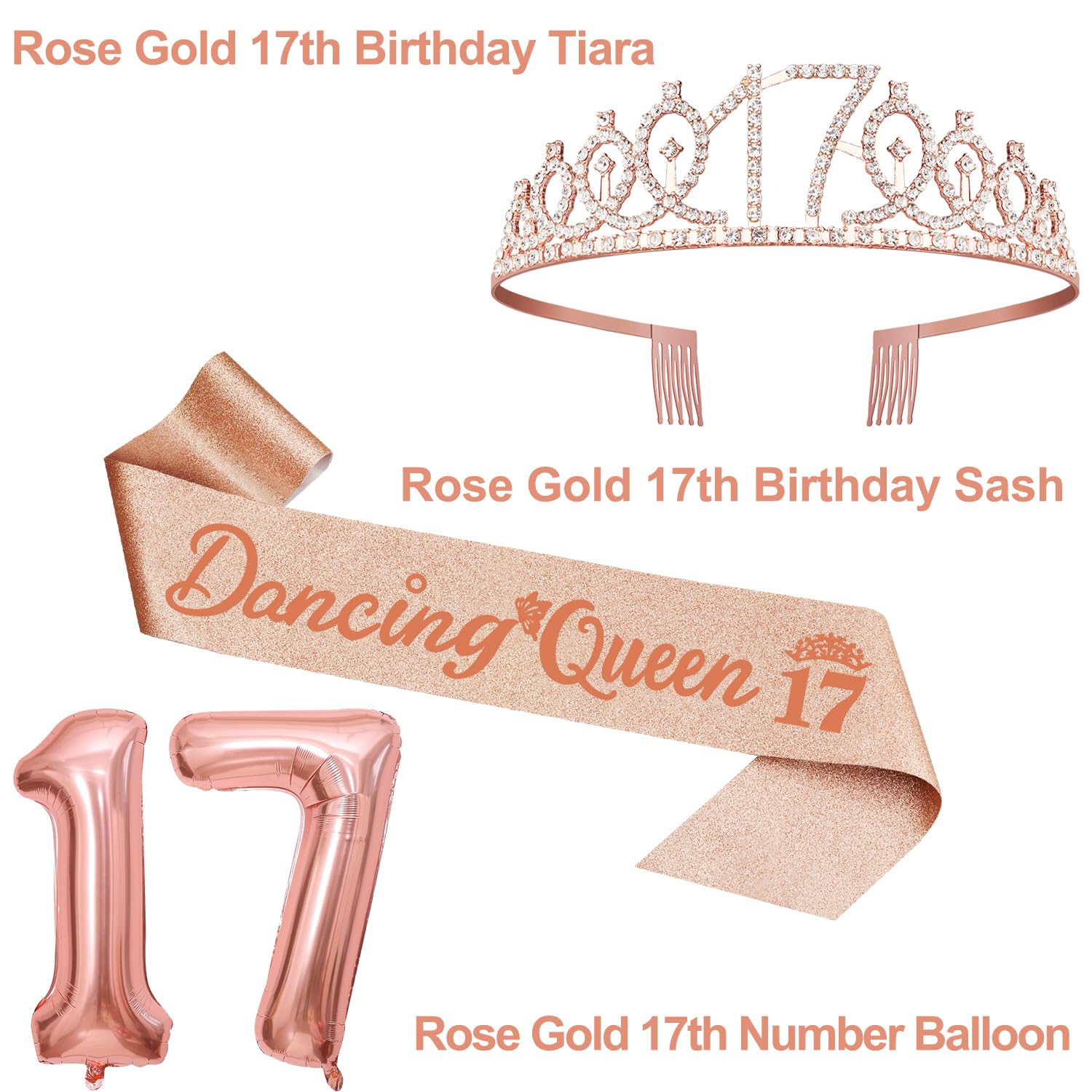 Dancing Queen Party Decorations 17 Rose Gold With 17Th Dancing Queen Sash And Tiara, 17Th Birthday Cake Topper And Candles, 17 N