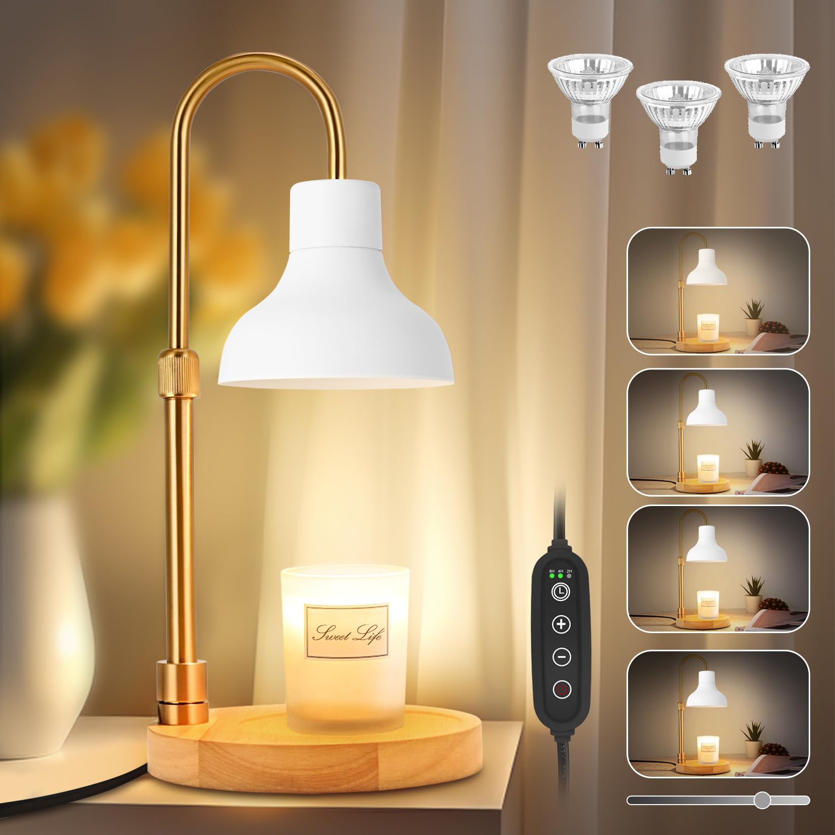 Candle Warmer Lamp with Timer & 3 Bulbs, Dimmable Electric Candle Light Adjustable Height and Brightness Candle Wax Warmer for J
