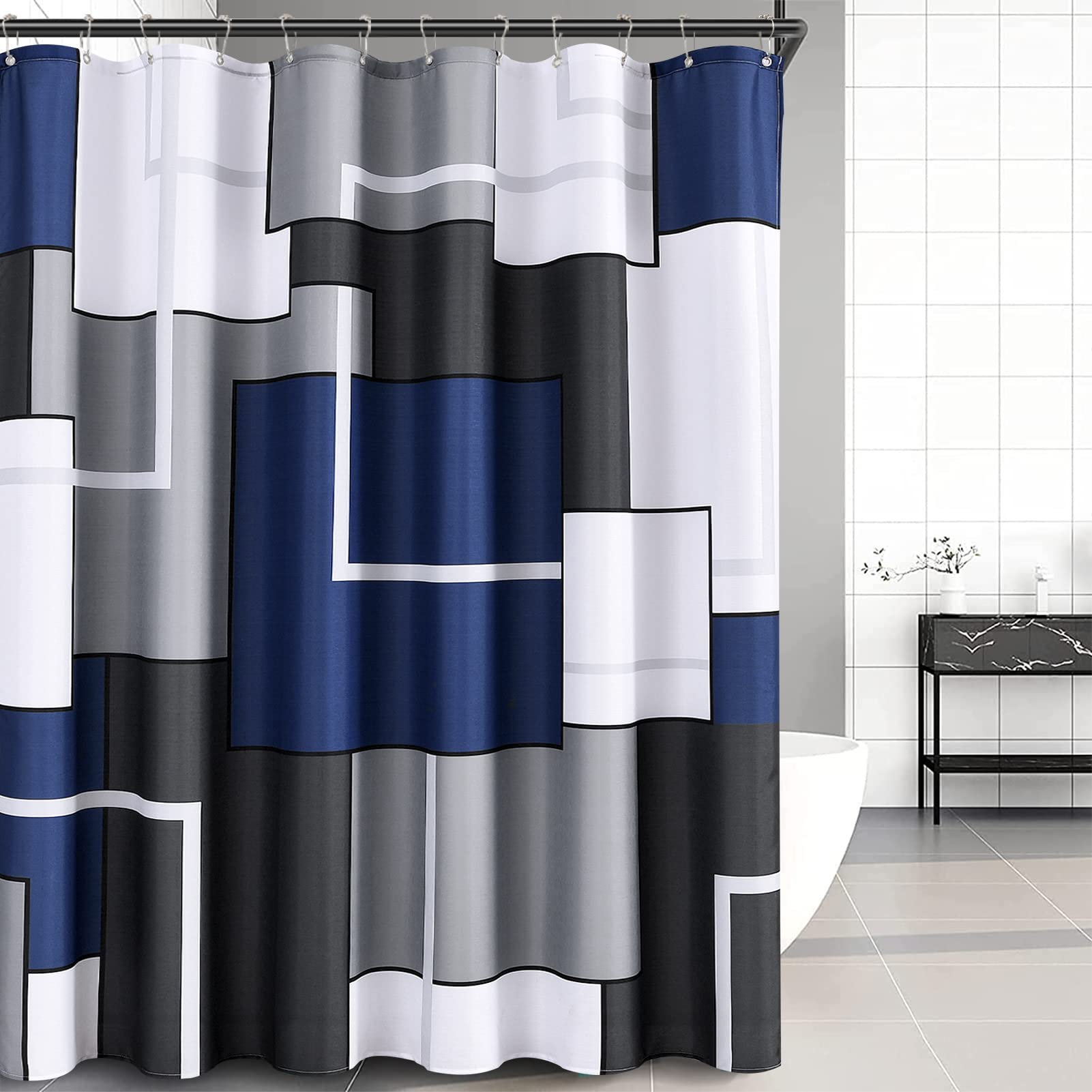 Blue Shower Curtain Set with Hooks Blue and White Morden Shower Curtains for Bathroom Fabric Grey Shower Curtain Abstract Geometric Bath Curtains Decorative Gray Shower Curtain Water Repellent 72x72