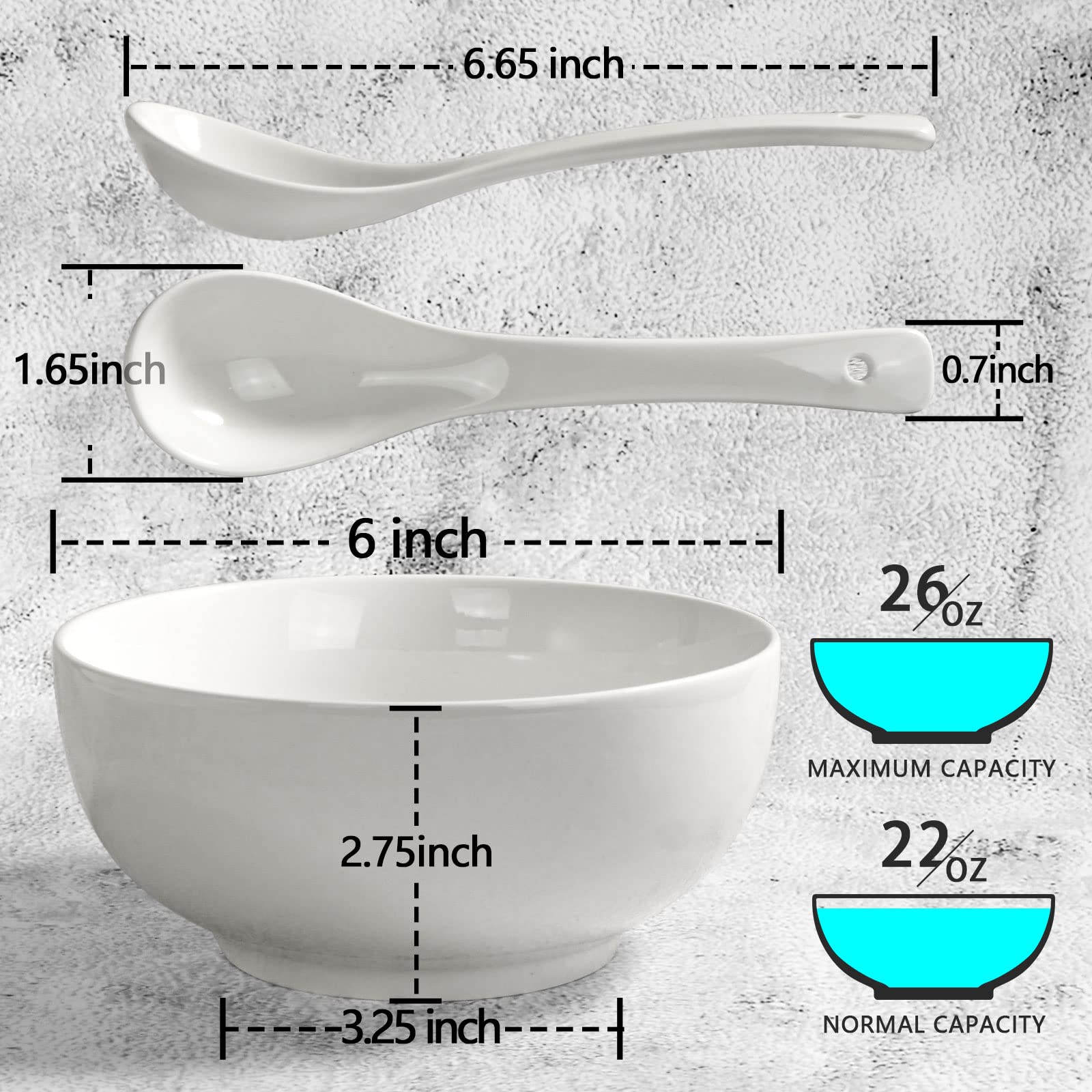Artena Asian Soup Bowls With Spoons Set Of 4, 26 Oz Pasta, Ramen, Pho Bowls And Soup Spoons Set, Advanced Porcelain Elegant Whit
