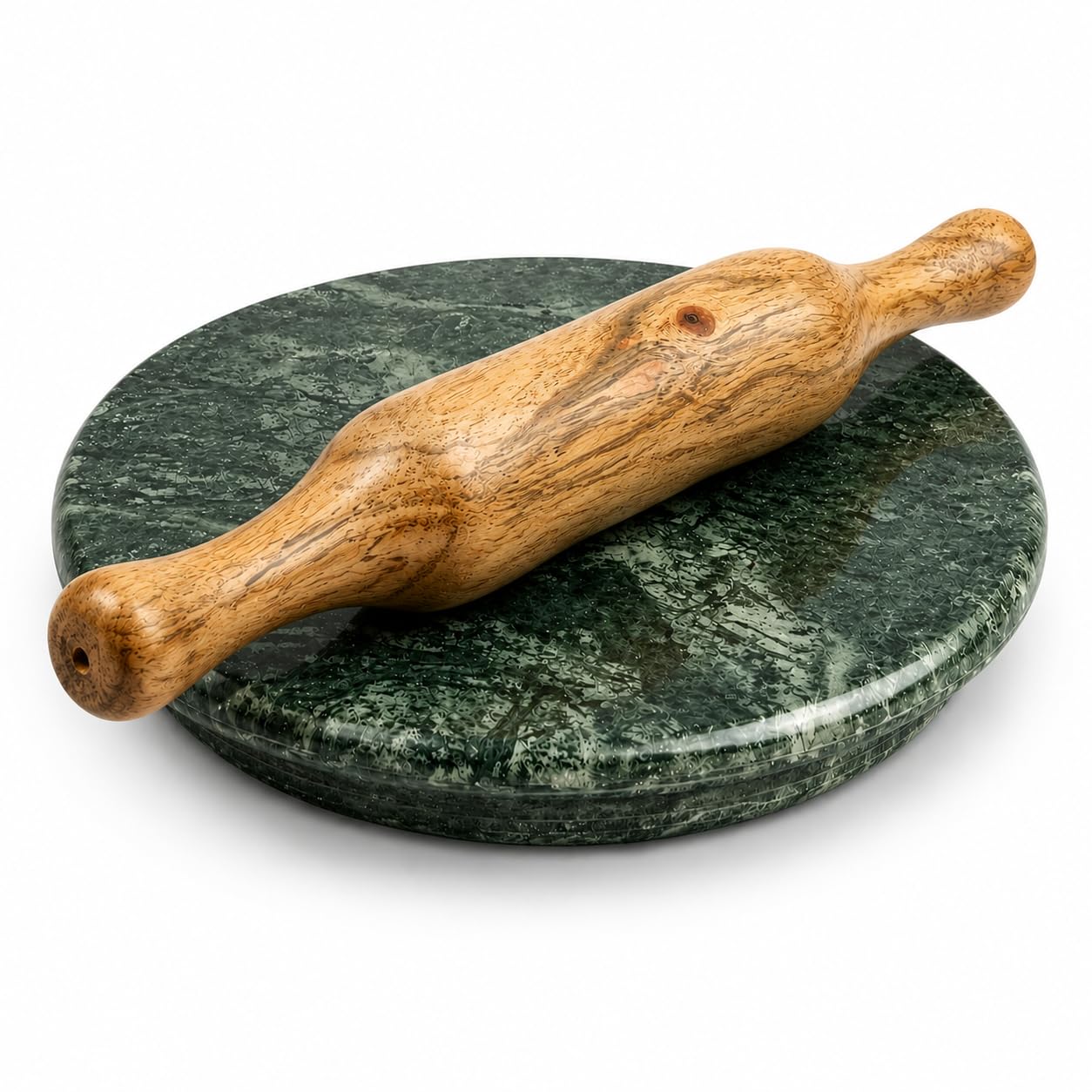 Milap Creations Green 10 Inch Marble Chakla 12 Inch Belan Set, Natural Stone Rolling Board With Wooden Rolling Pin, NonStick Su