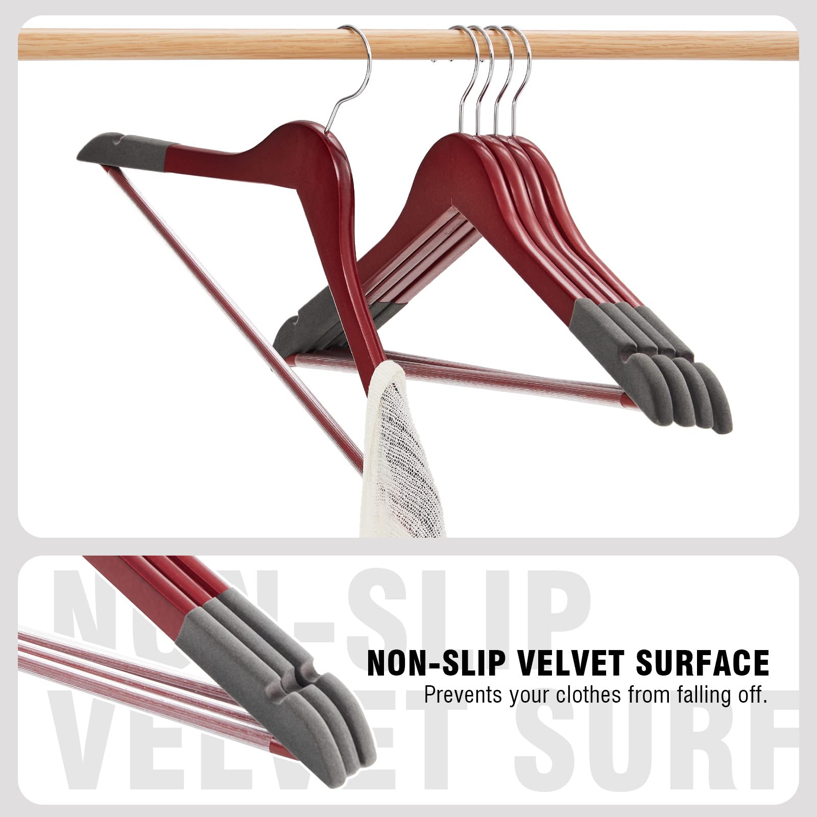Solid Natural Wooden Coat Hangers, 20 Pack Heavy Duty Smooth Finish Suit Hangers With Non-Slip Pant Bar, Precisely Cut Notches &