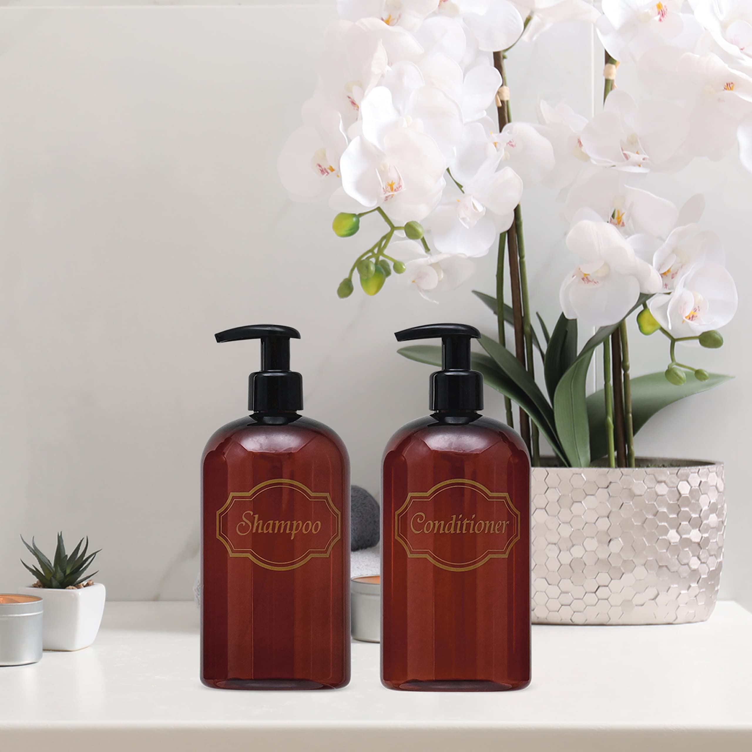Bottiful Home-16 Oz Amber Shampoo And Conditioner Shower Soap Dispensers-2 Refillable Empty Pet Plastic Pump Bottle Shower Conta