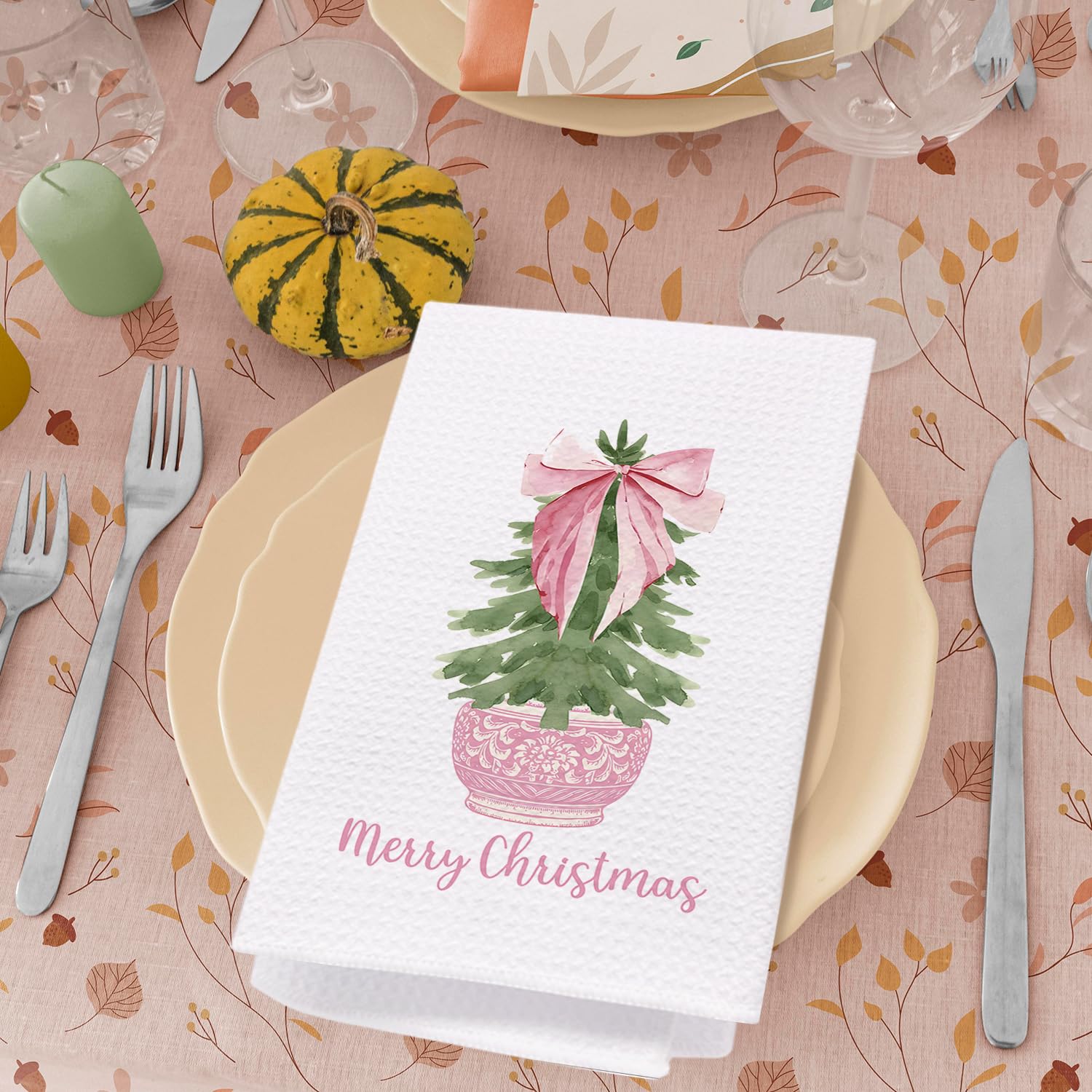 Spbl&L Pink Chinoiserie Christmas Kitchen Towels, Pink Bow Coquette Christmas Tree Dish Towels For Kitchen Bathroom,Grandmillenn