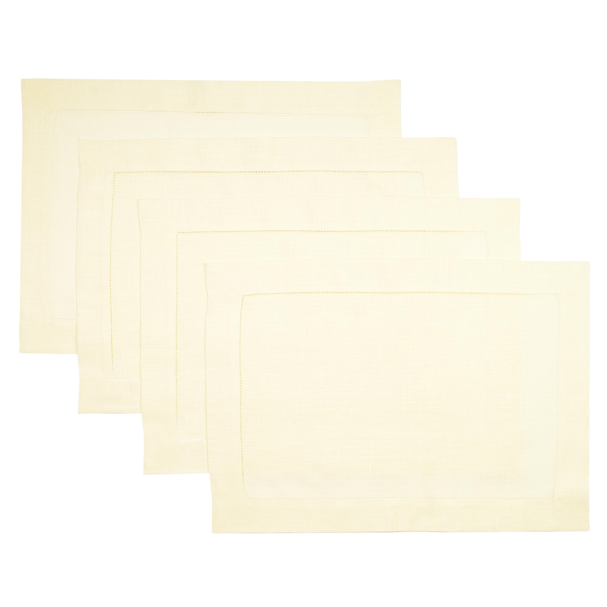D'Moksha Homes Linen Placemats Set Of 4-100% Pure Linen Cream Placemats 14 X 19 Inch - Classic Hemstitch, Washable Cream Placema
