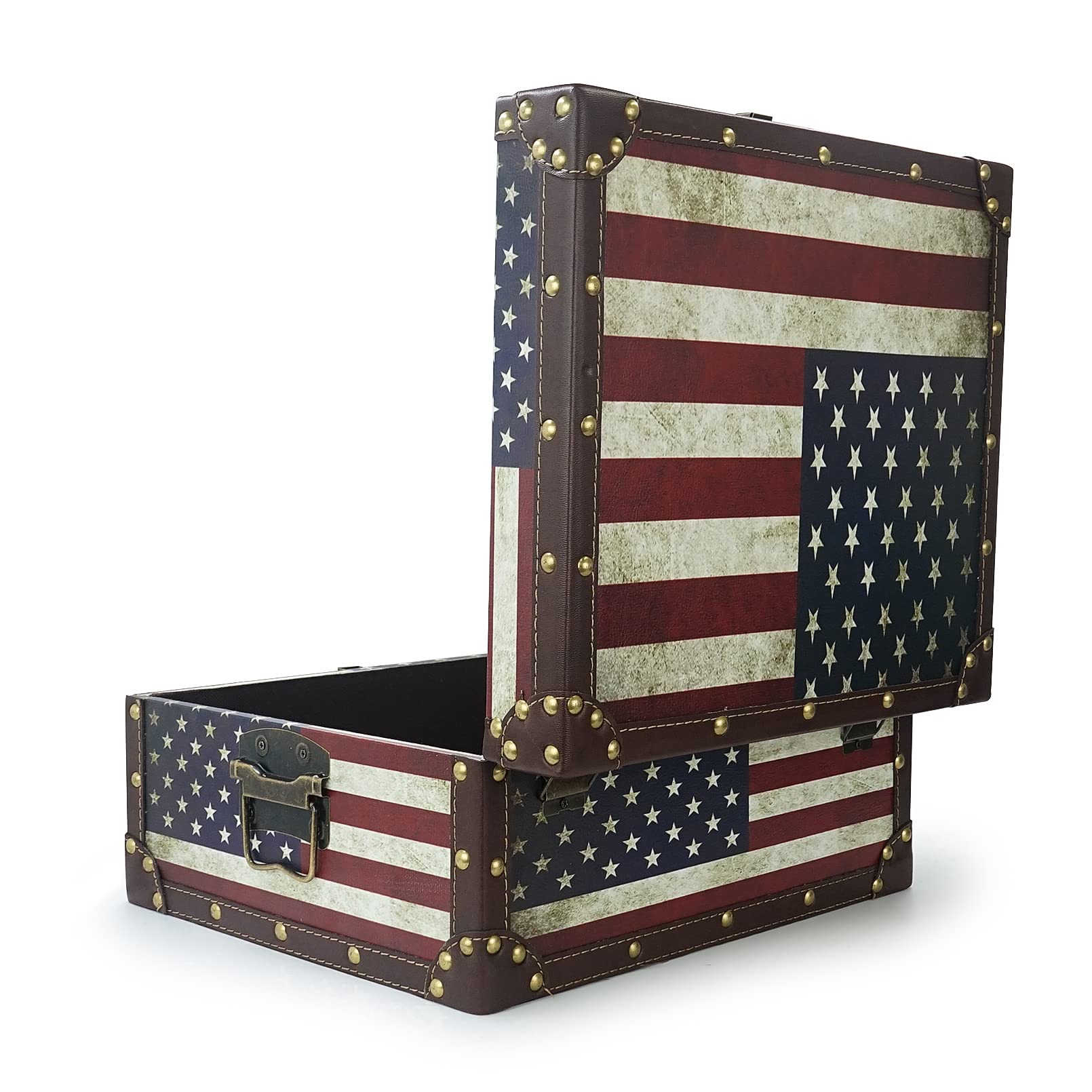 DreamsEden Large Wooden Decorative Storage Trunk - Vintage American Flag Memory Treasure Chest Box, 13.8 x 11.8 x 6.7