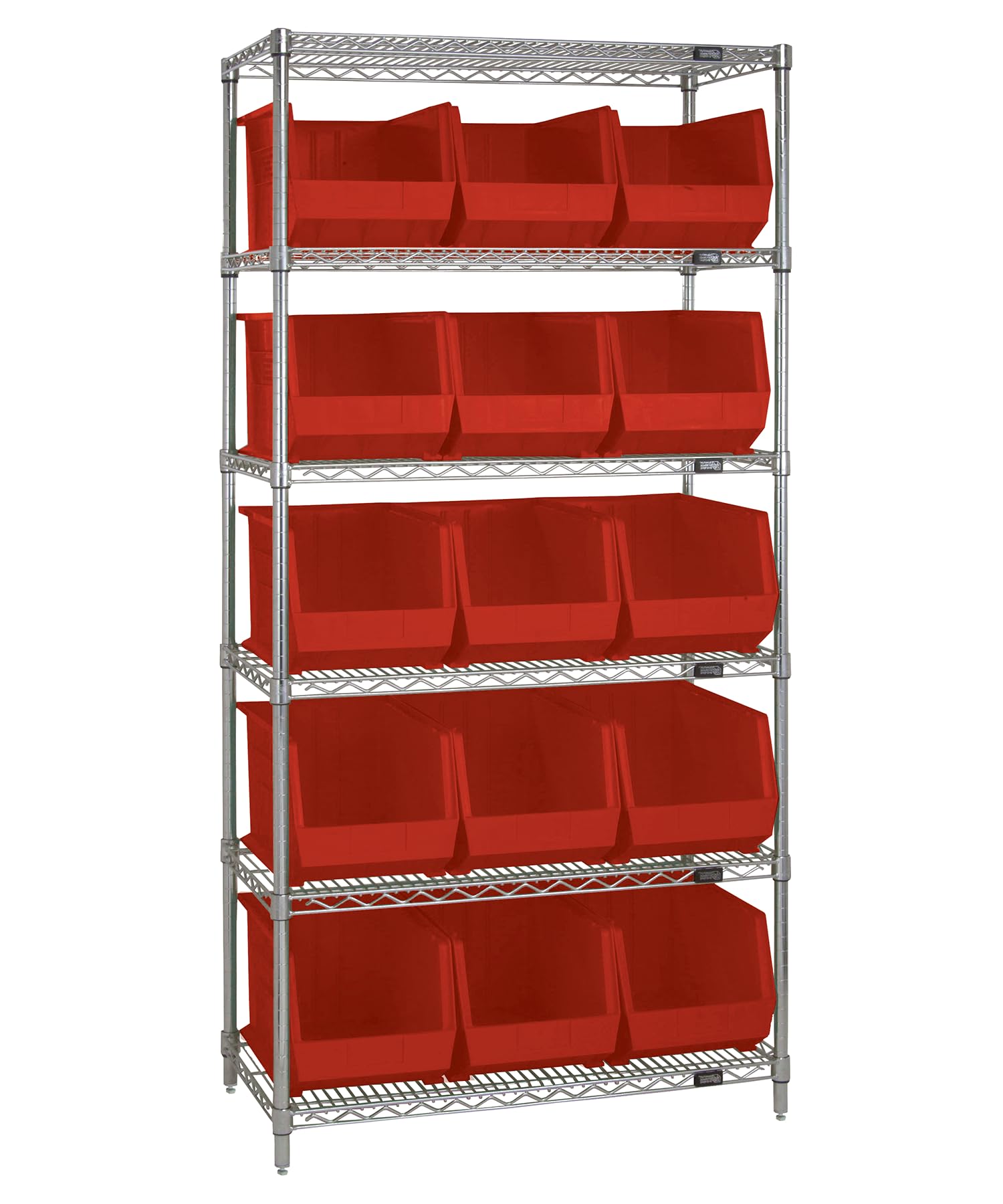 Bin Wire Shelving System, 36L X 18D X 74H, 800 Lbs Load Capacity Per Shelf, Includes: (6) Shelves And (15) Qus260 Red Containers