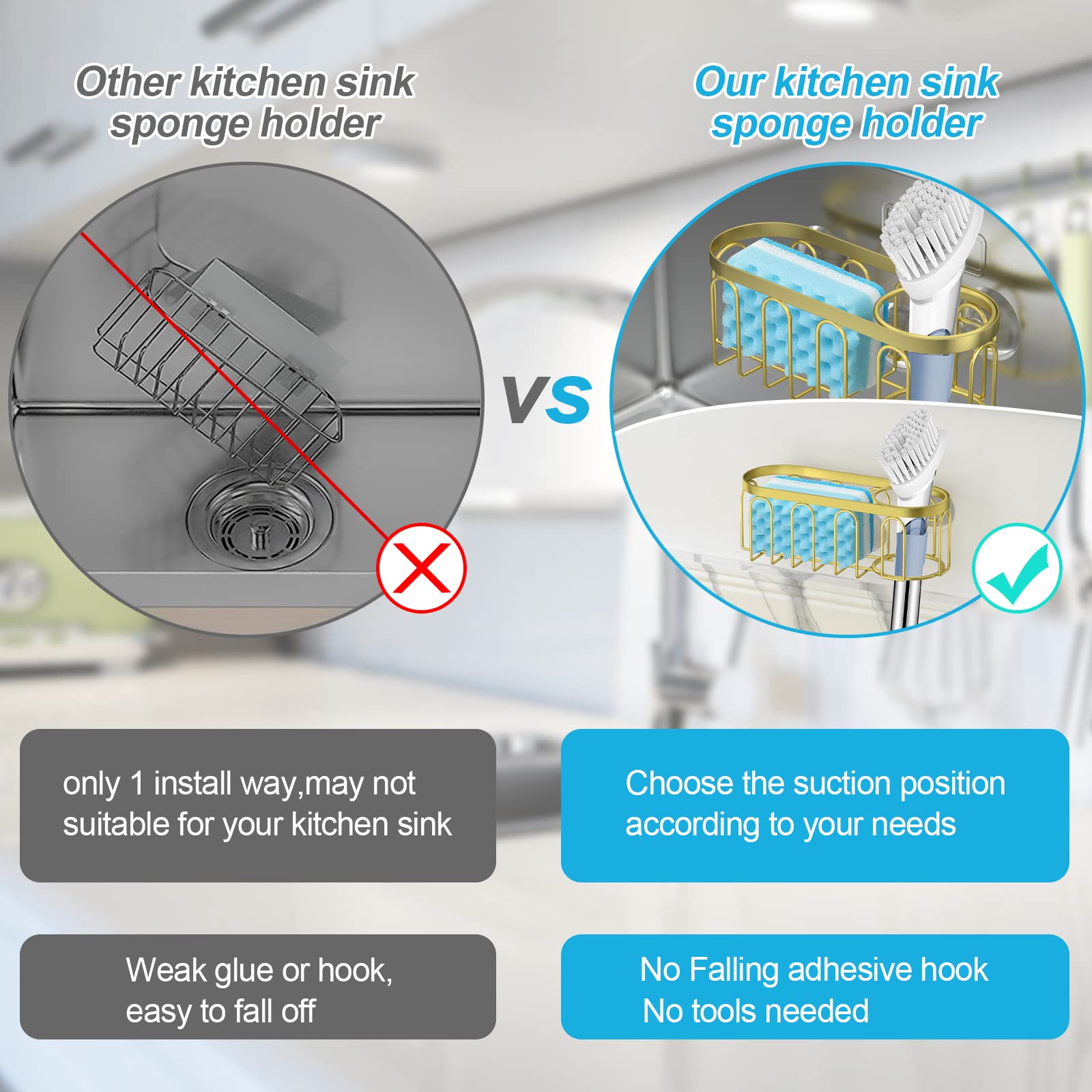 Yazoni 2-In-1 Sponge Holder For Kitchen Sink, Suction Cup Sponge Rack Kitchen Sink Caddy, No Drill Rustproof Kitchen Sink Organi