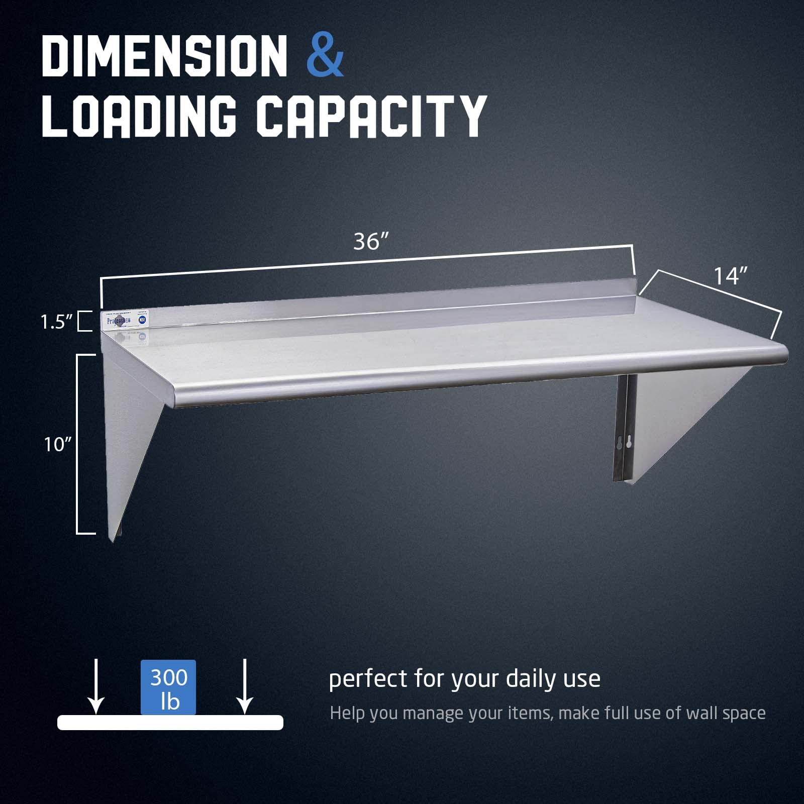 Profeeshaw NSF Stainless Steel Shelf 14? x 36?  300 lb Commercial Shelves Wall Mounted Metal Shelving with Backsplash and 2 Brackets for Restaurant  Bar  Utility Room  Kitchen and Garage