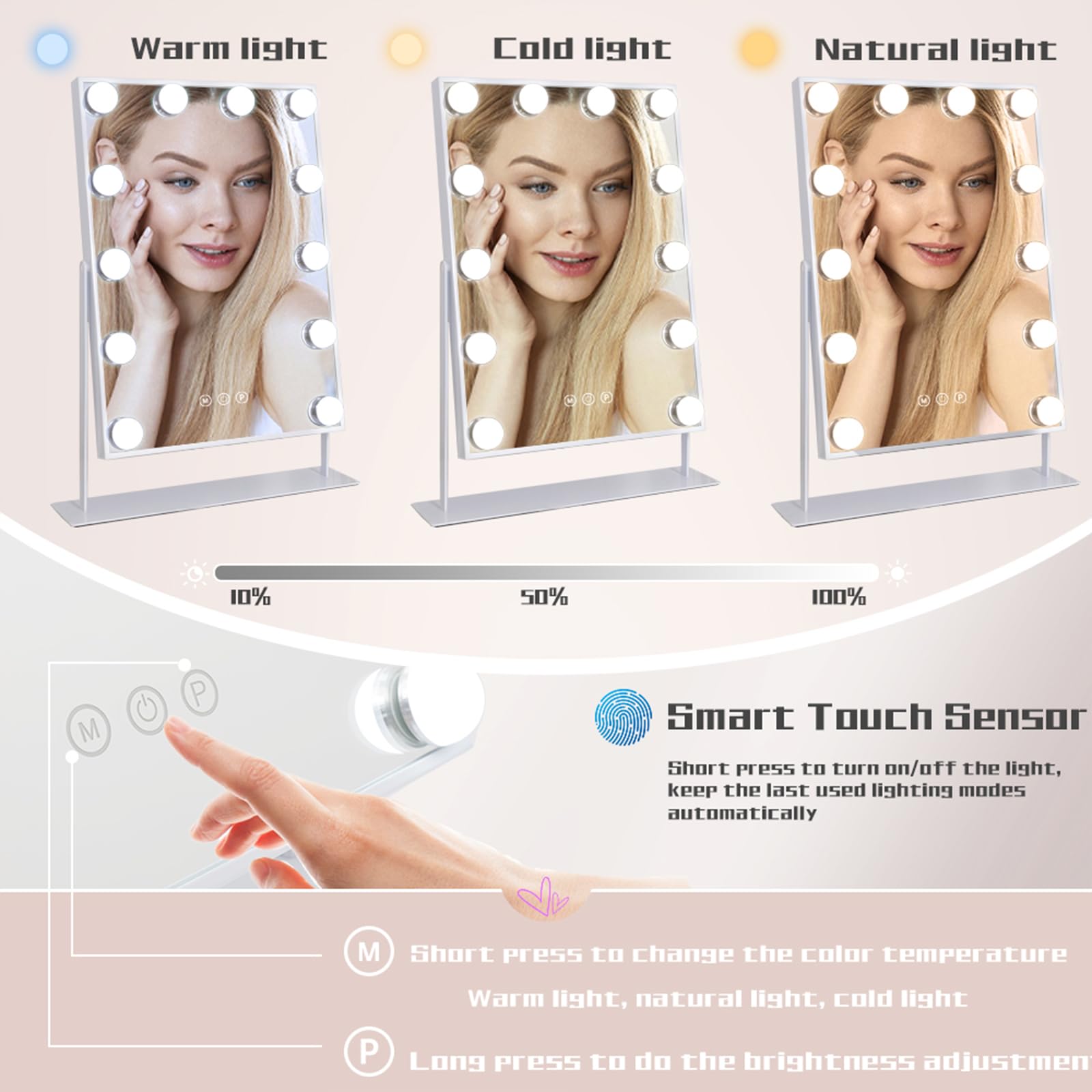 Cooljeen Hollywood Vanity Mirror With Lights, 10X Magnification, 3 Color Lighting Modes, 360 Swivel, Slim & Chic, Tabletop Mount