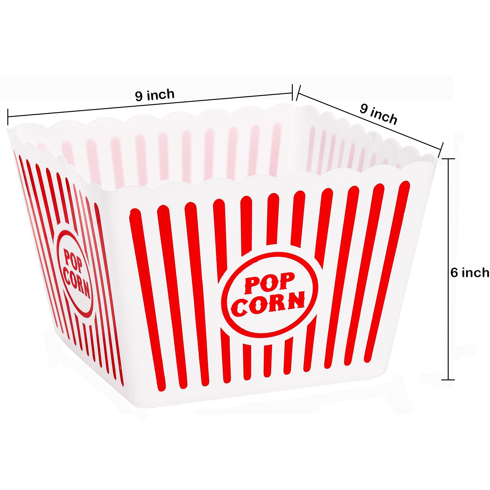Bekith 6 Pack Plastic Open-Top Reusable Popcorn Boxes, Popcorn Containers Bucket Tub For Movie Night, 9'' Square X 6'' Tall
