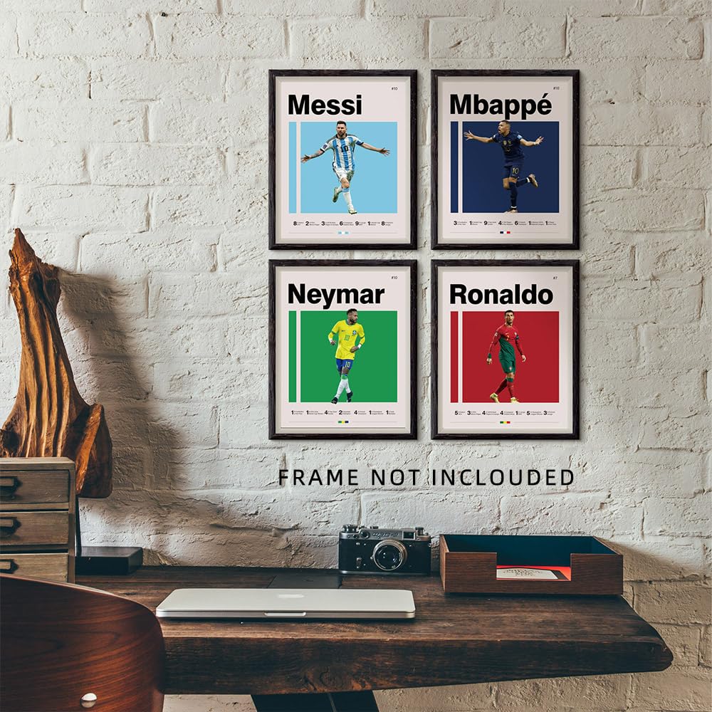 Soccer Posters 8X10 Inch Canvas Prints Unframed Set Of 4 - Messi, Ronaldo, Mbape And Neymar Famous Football Superstar Poster Spo
