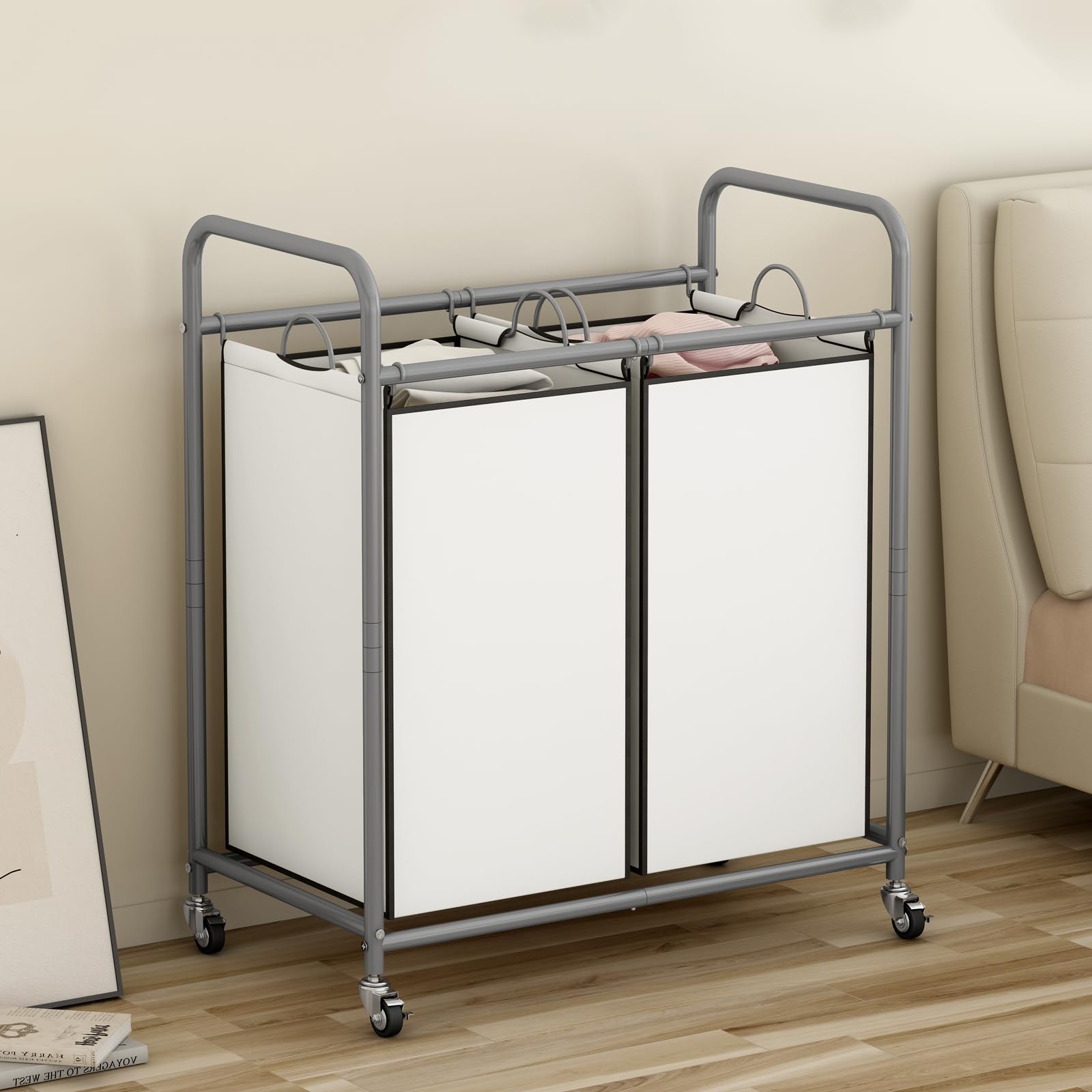 SUOERNUO Laundry Sorter Basket 2 Bag Laundry Hamper Cart with Rolling Removable Bags Laundry Organizer Cart for Clothes Storage  Beige (2 Bags  Beige)