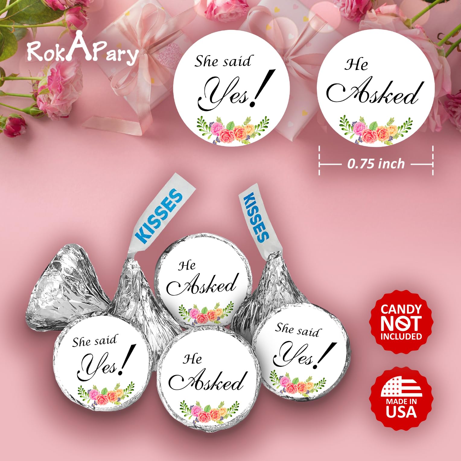 324 Floral Roses He Asked She Said Yes!  Kisses Wedding Stickers  Chocolate Drops Labels Stickers for Weddings  Bridal Shower Engagement Party Decorations  Favors for Kisses