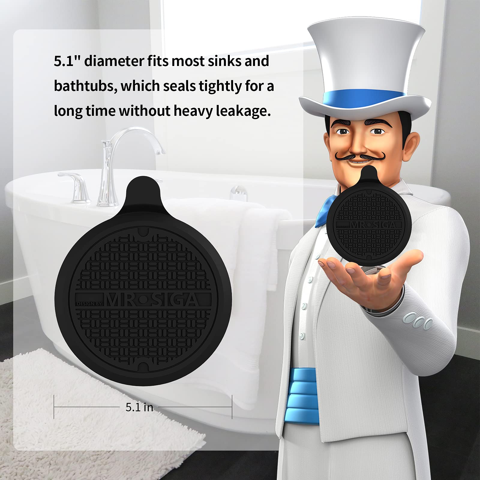 Mrsiga Silicone Bathtub Stopper, Drain Stopper For Shower, Sink, 51 Diameter, Black, 3 Pack