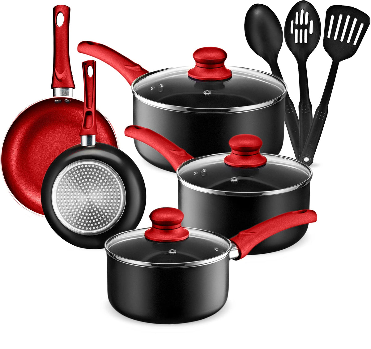 AHEIM Pots and Pans Set, Aluminum Nonstick Cookware Set, Fry Pans, Casserole with Lid, Sauce Pan, and Utensils, 11 Piece Cooking