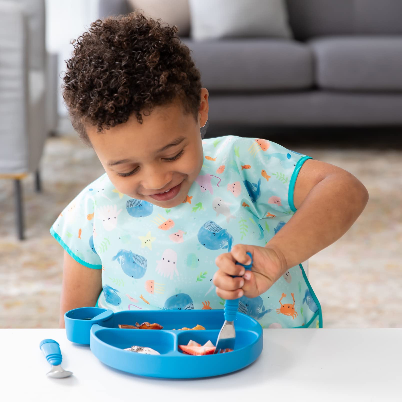 Bumkins Toddler Utensils, Kids Size Fork and Spoon Set, Silicone and Stainless-Steel Training Silverware, Angled Forks / Sporks