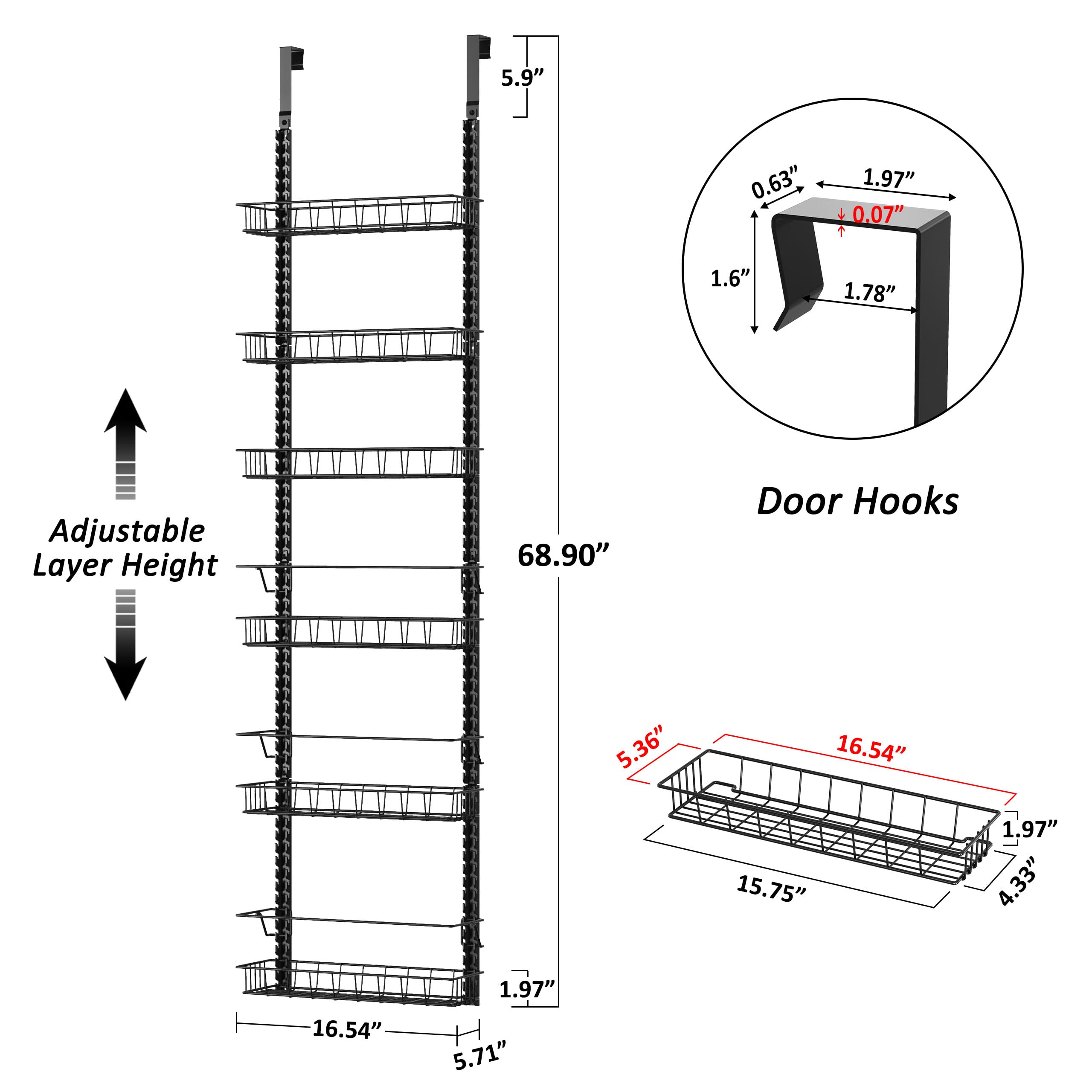 Churboro Over the Door Pantry Organizer Rack with 6 Adjustable Baskets, 6 Tiers Dual-use Spice Rack- Hanging or Wall Mount Spice