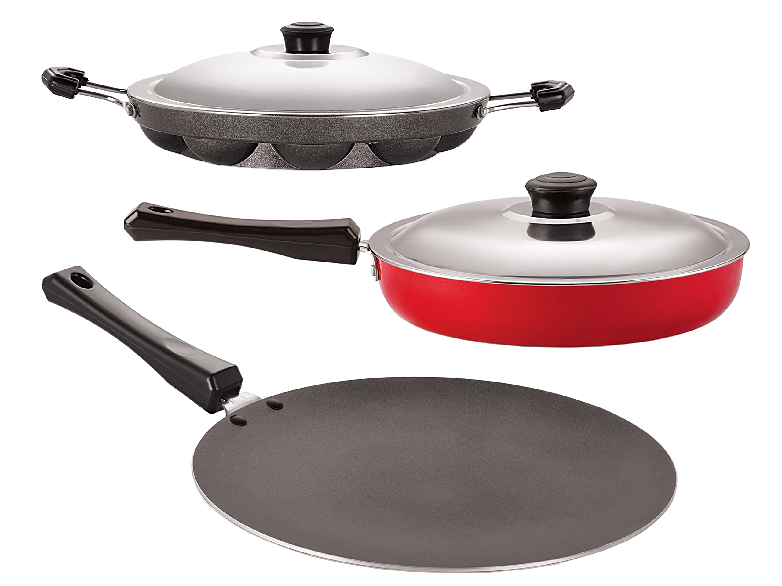Nirlon Cooking NonStick Cookware Set 3Pieces Concave Tawa 28.5 Cm, Fry Pan With Steel Lid 2Ltr, Appam Patram Handle Steel Lid 