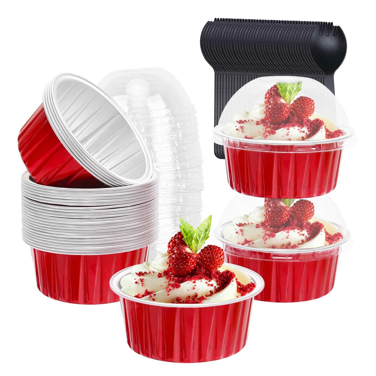 Red Cupcake Liners Muffin Tins 50 Pack,Free-Air 5Oz Aluminum Foil Baking Cups With Lids,Disposable Ramekins Cupcake Pans,Jumbo M